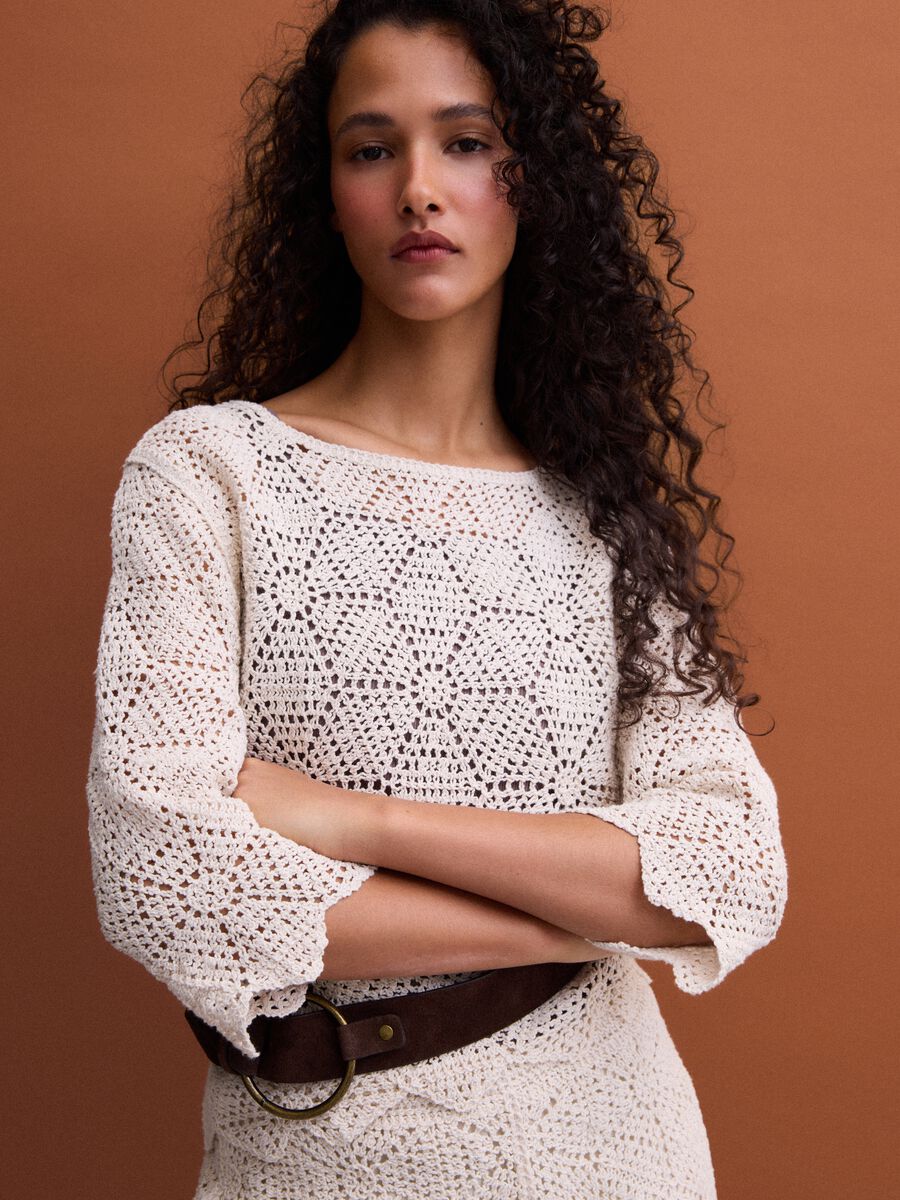 T-shirt beige in crochet di puro cotone regular fit_0
