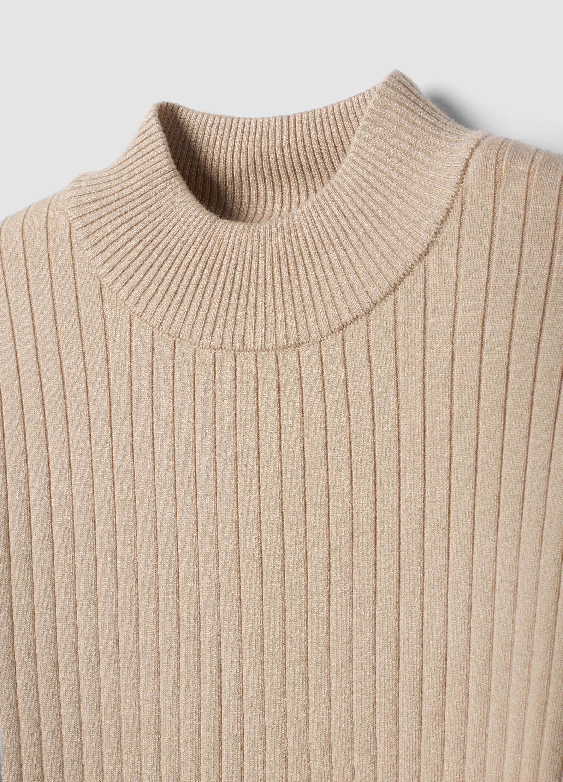 Beige ribbed viscose-blend top with high neck