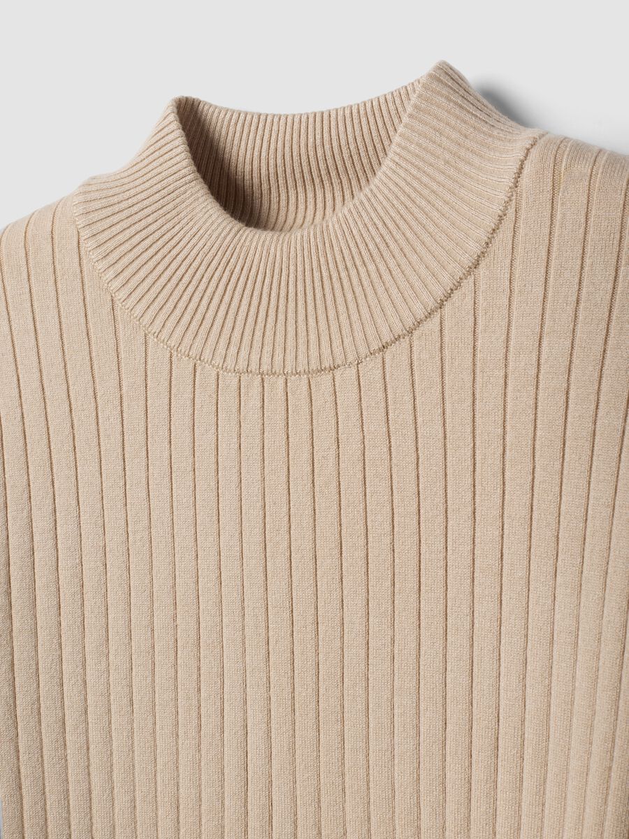 Beige ribbed viscose-blend top with high neck_5