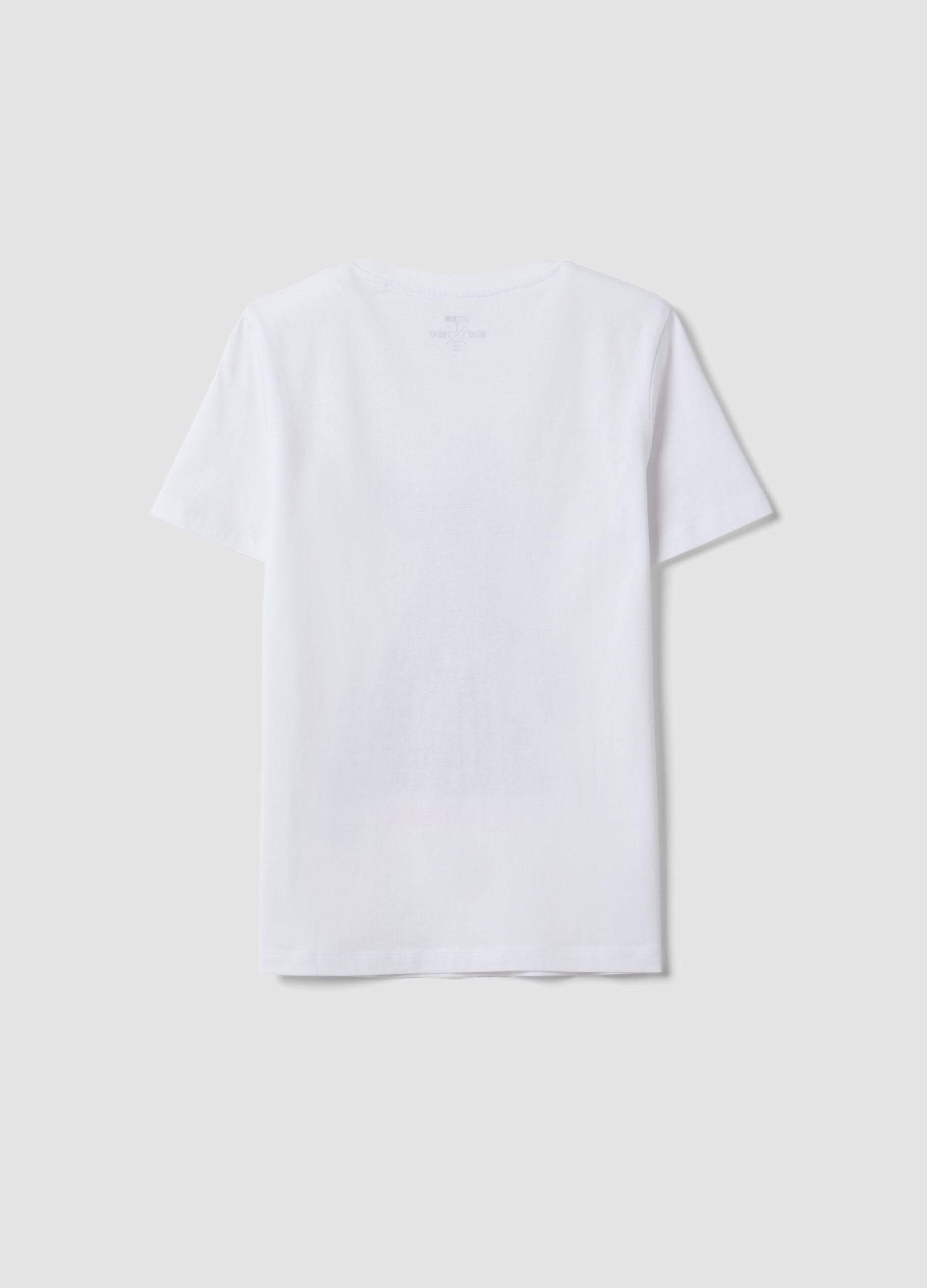 White pure cotton crew-neck T-shirt with puppy print, regular fit