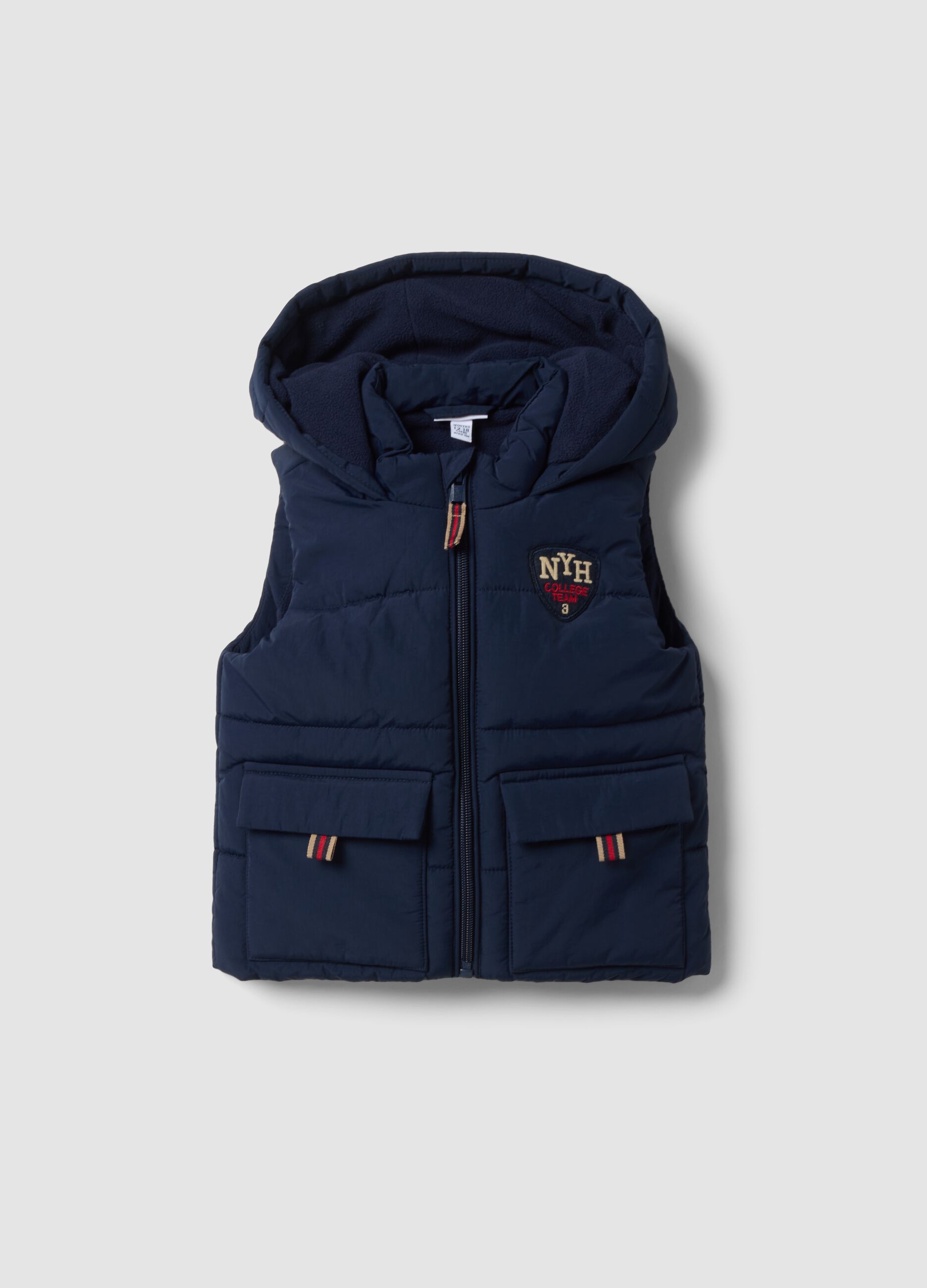 Gilet blu imbottito con cappuccio e zip per bimbo