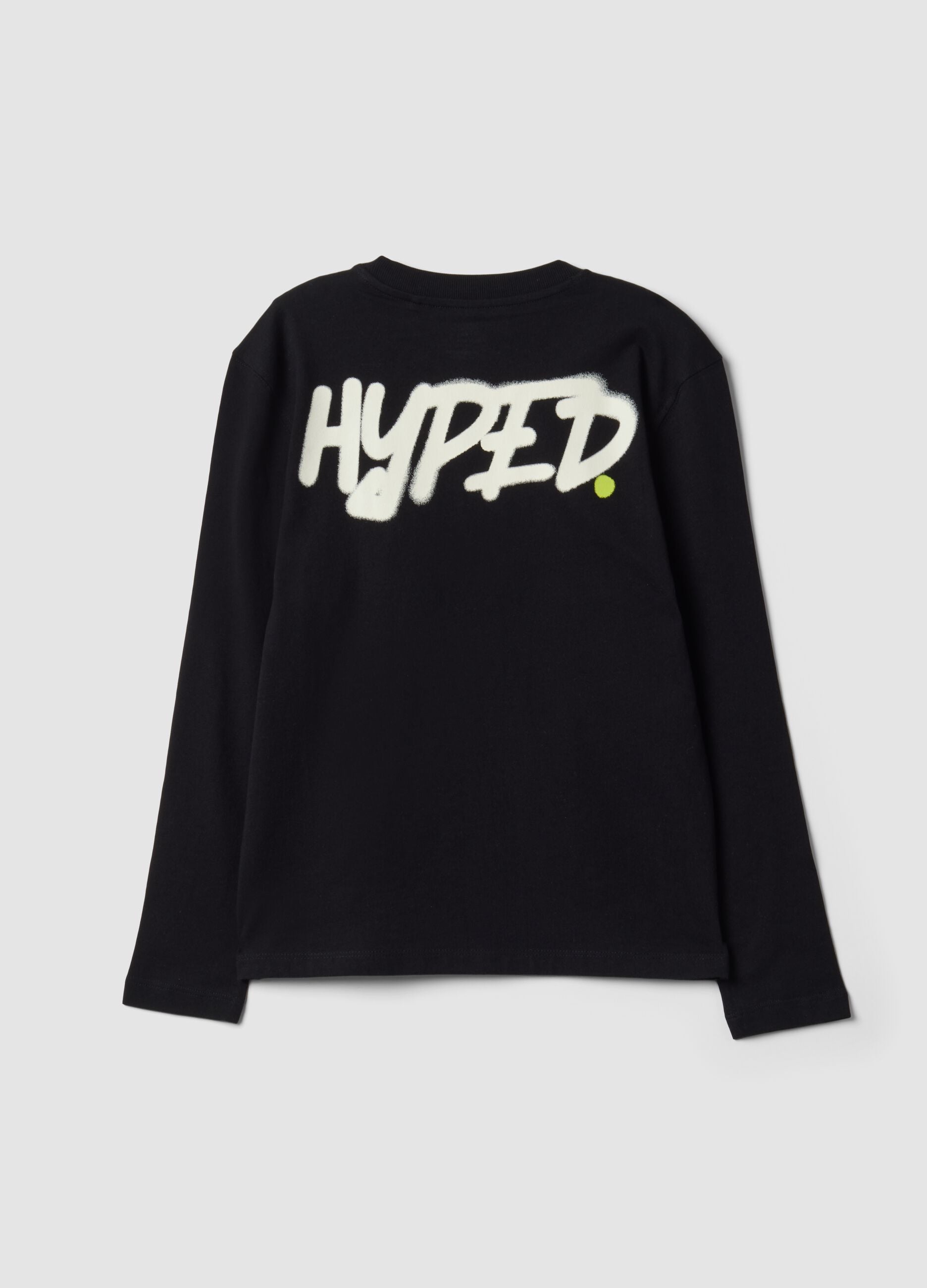 Black organic cotton T-shirt with &ldquo;Hyped&rdquo; print for boys
