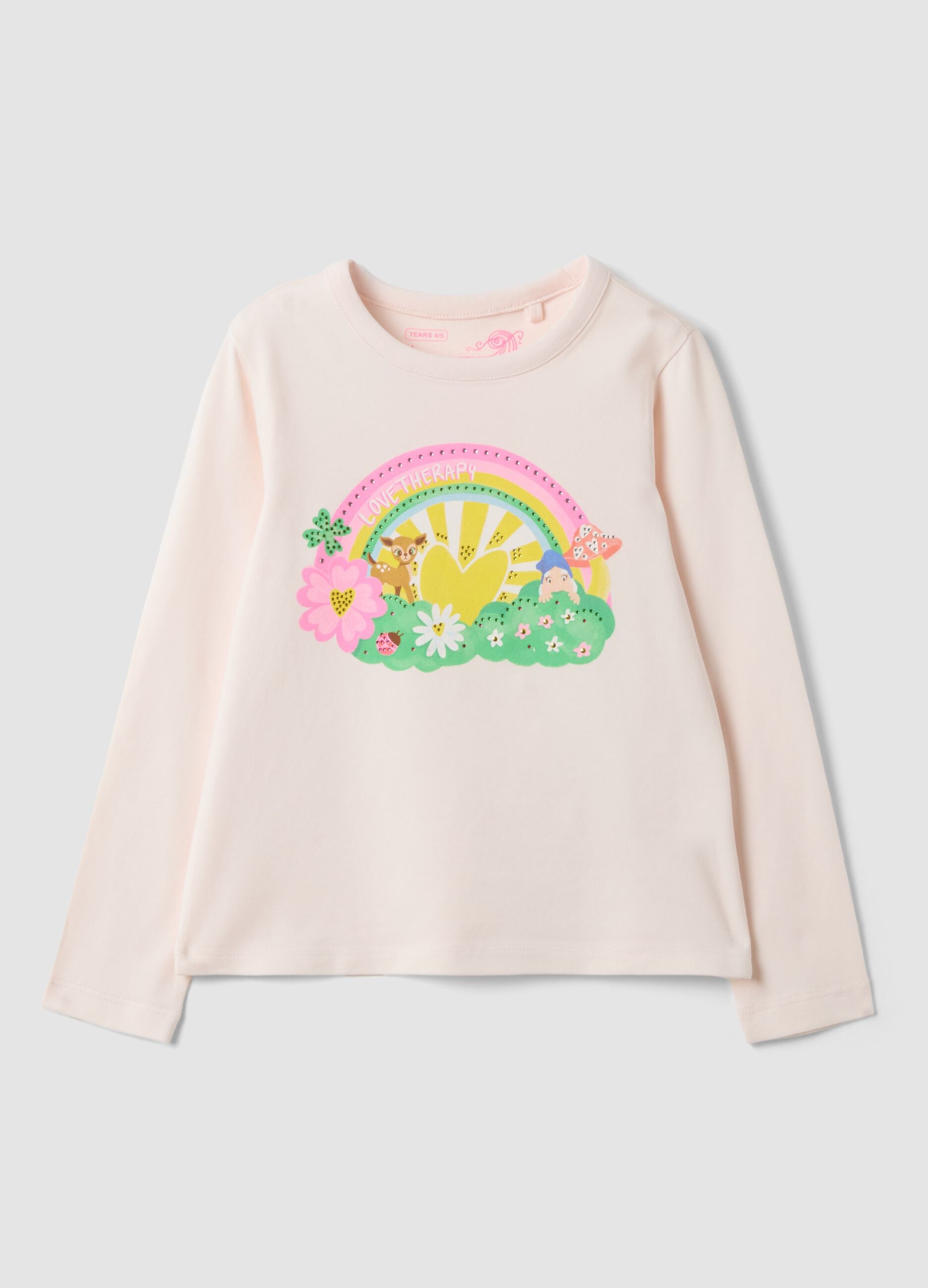 Pink stretch cotton T-shirt with rainbow print