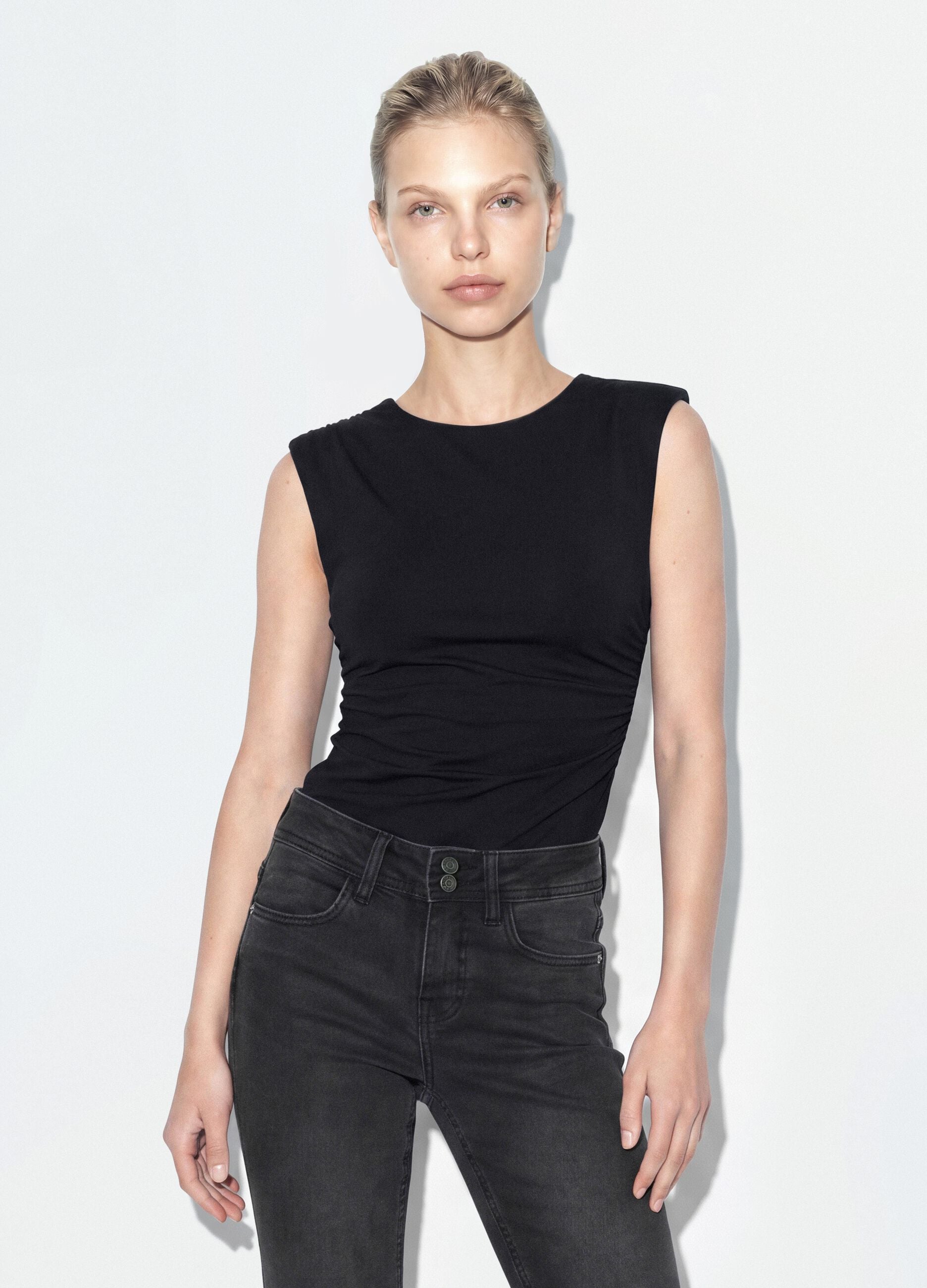 Black stretch jersey bodysuit with ruching, regular fit