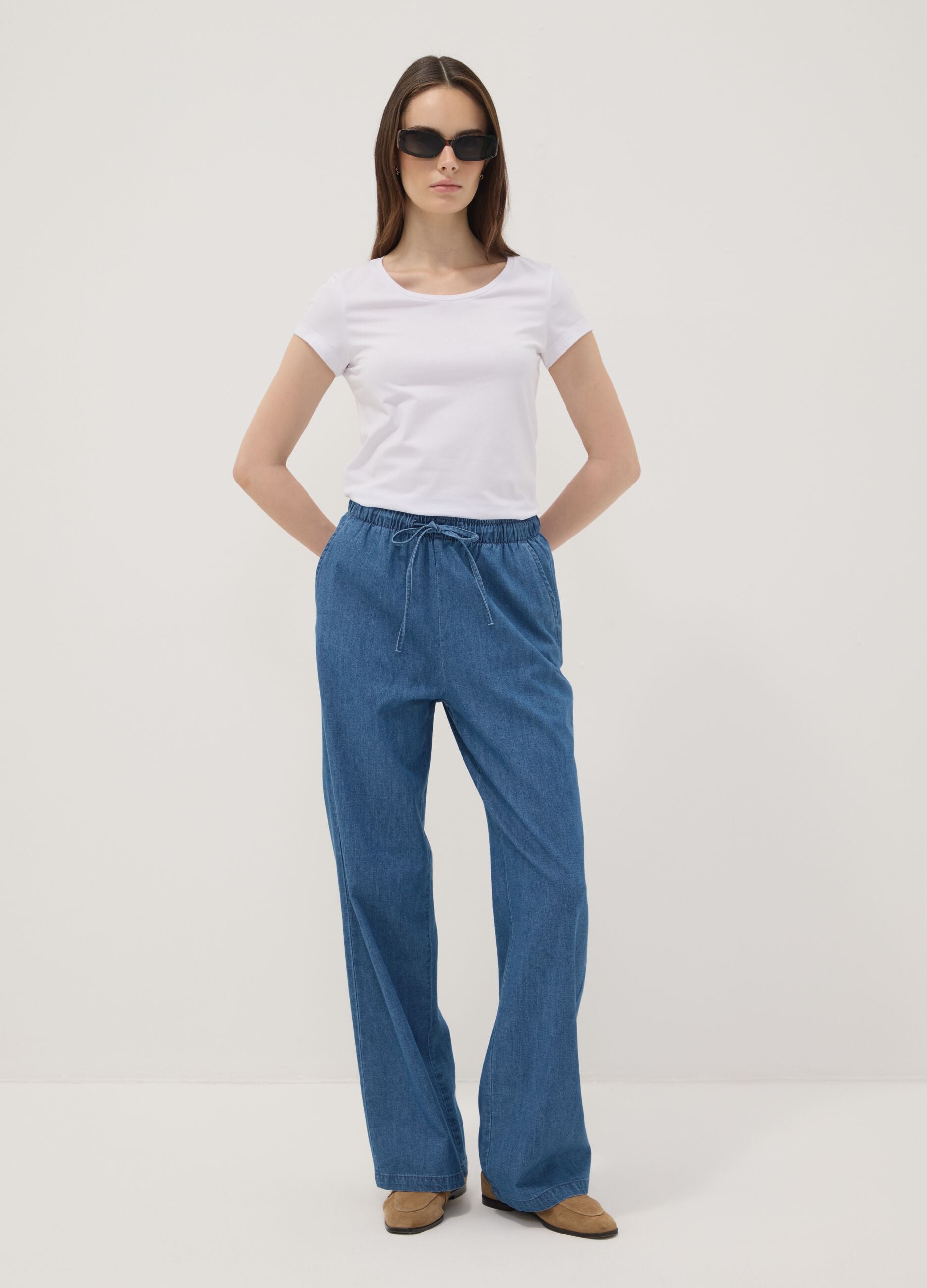 Blue pure cotton wide-leg denim trousers with drawstring