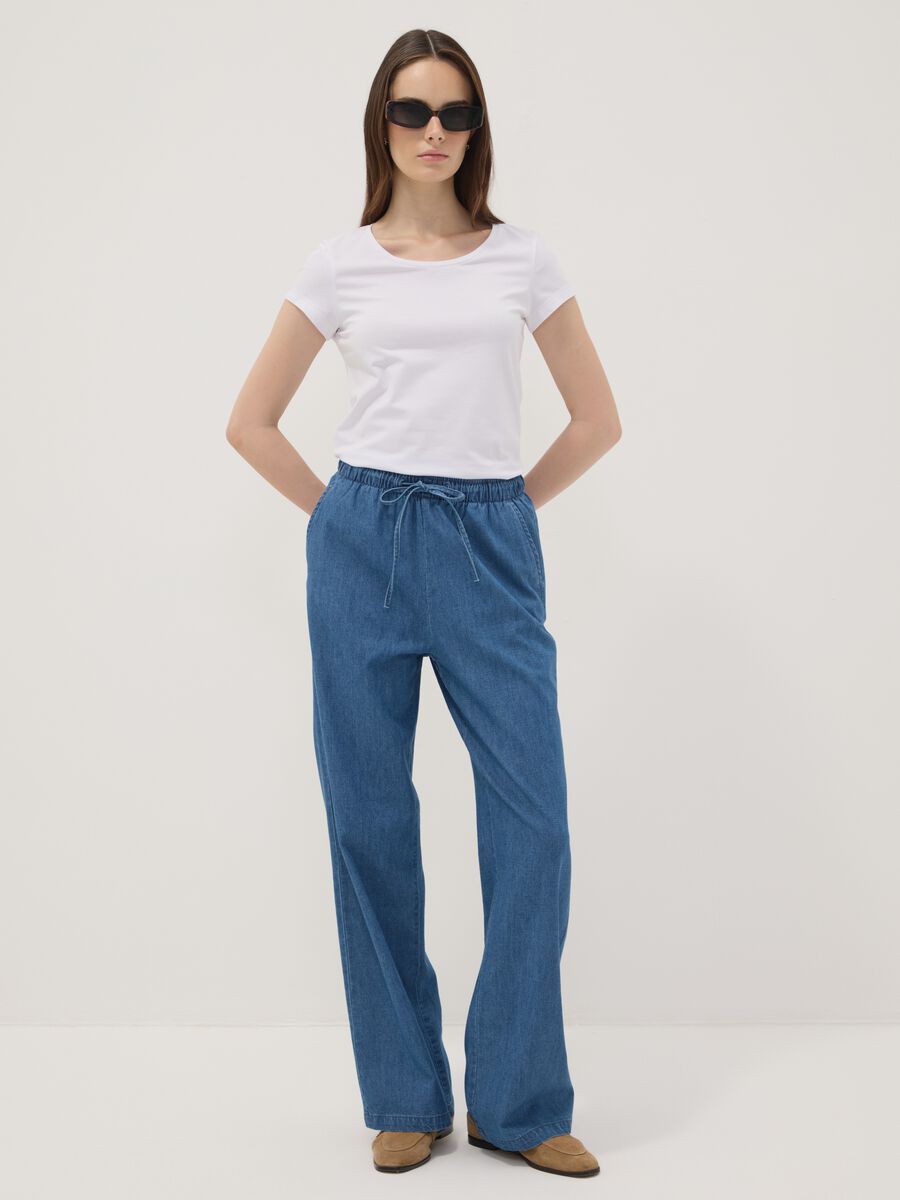 Blue pure cotton wide-leg denim trousers with drawstring_0