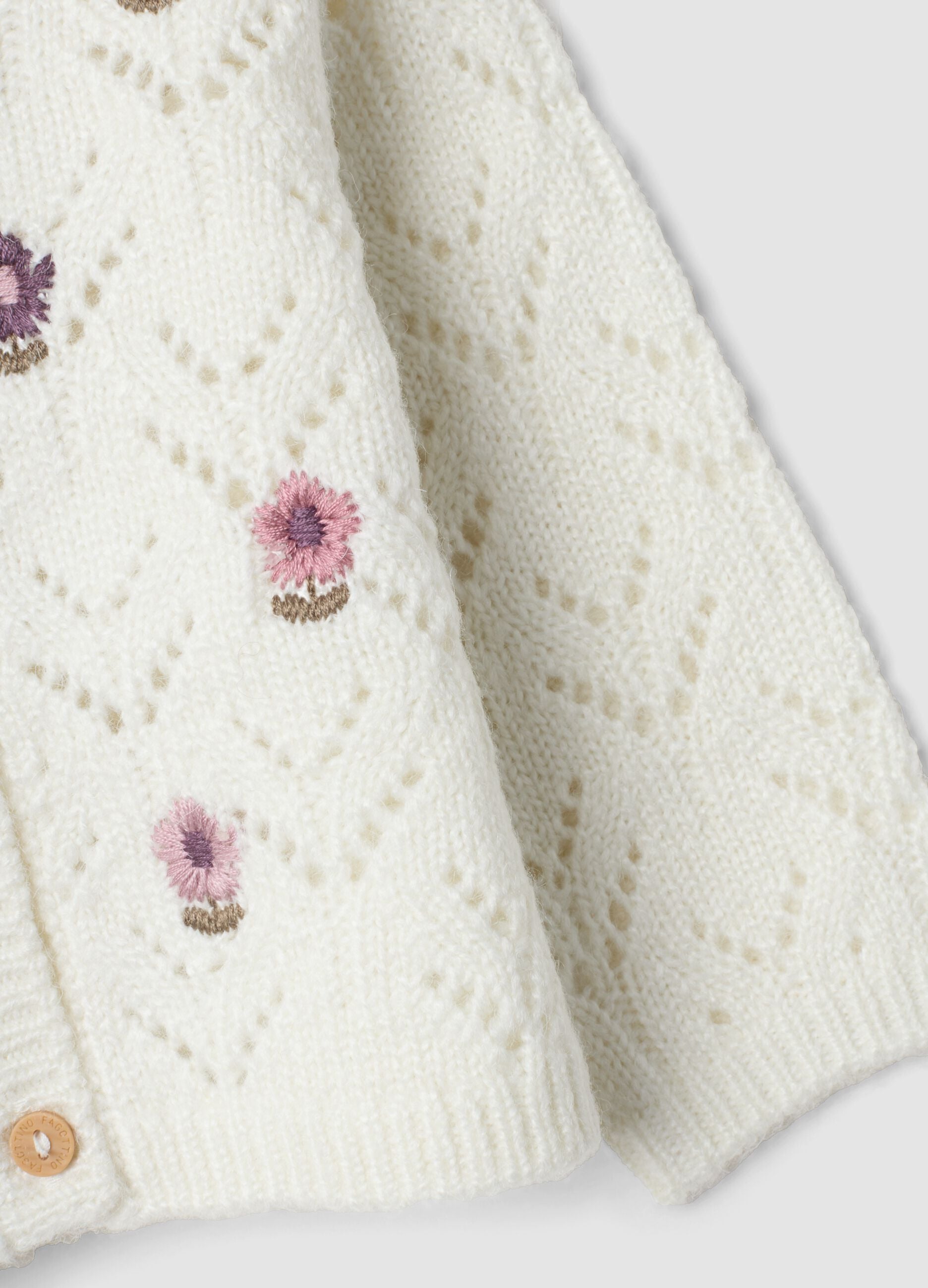 White openwork knit crew-neck cardigan