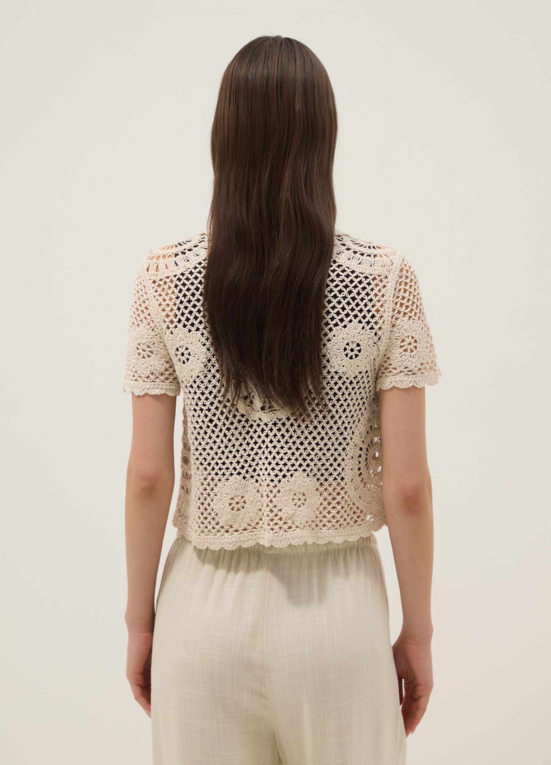 Beige cotton-blend regular-fit shirt with knitted detailing