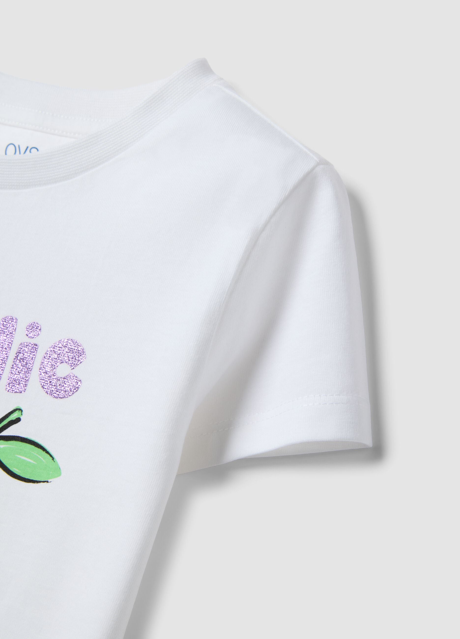 Girls' white pure cotton T-shirt with fruit print, regular fit