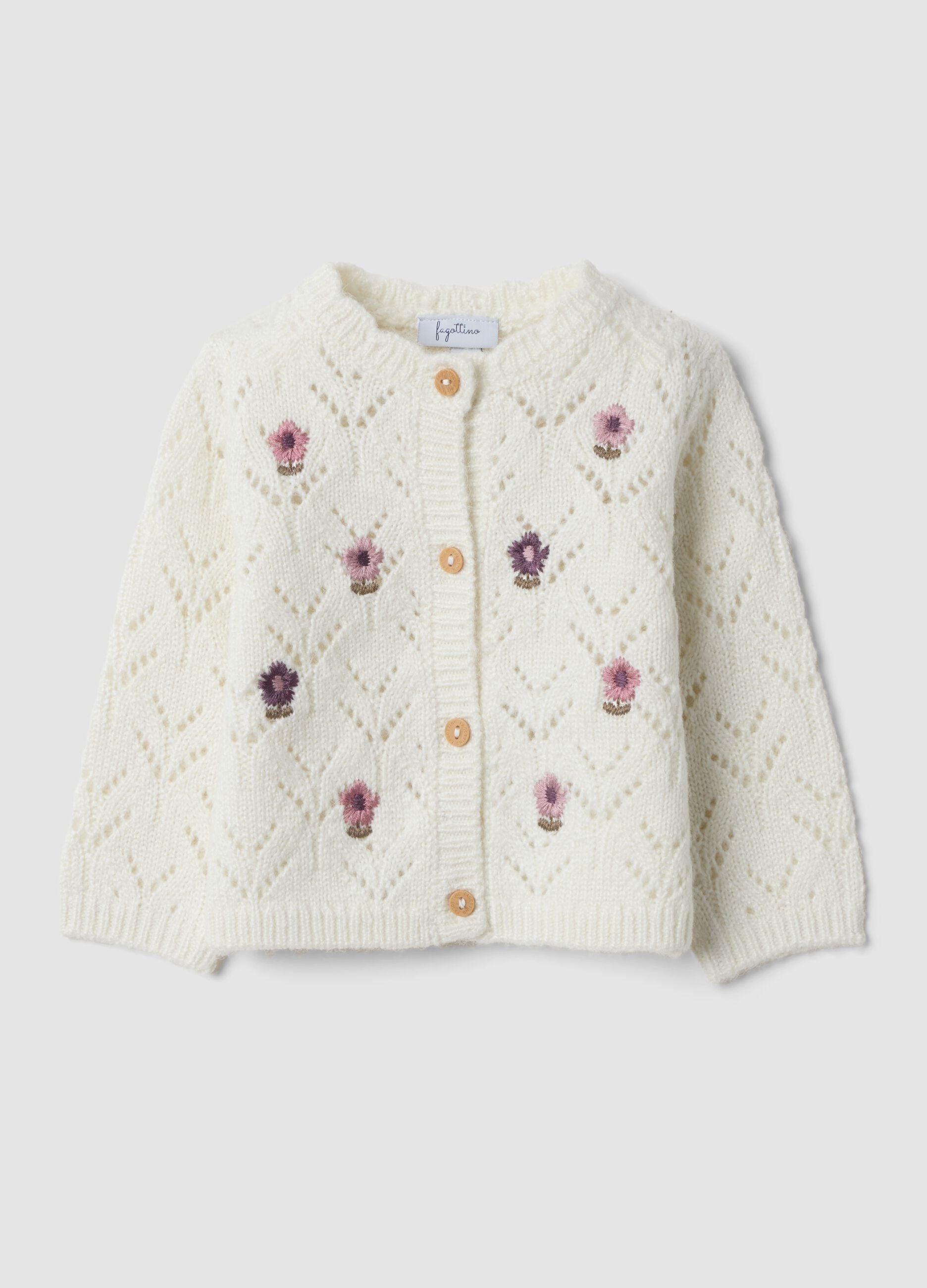 White openwork knit crew-neck cardigan