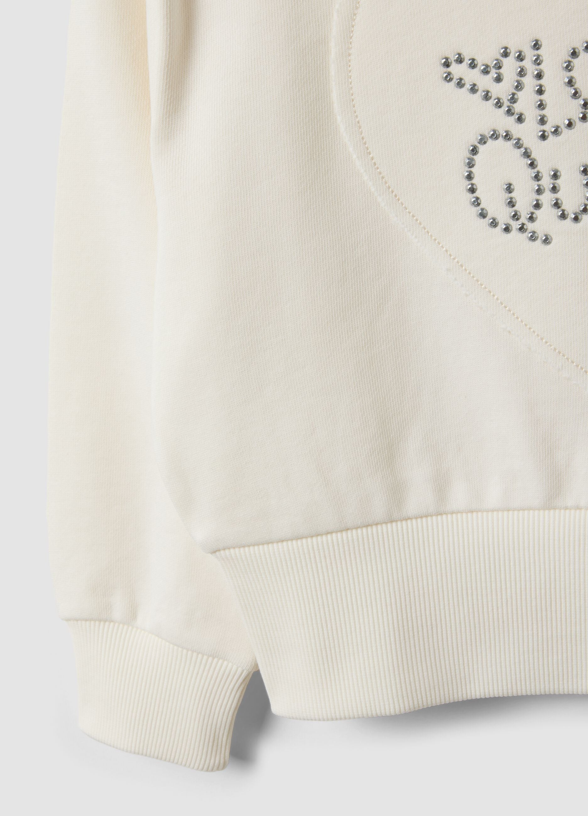 White pure cotton sweatshirt with rhinestone slogan and embroidered heart for girls