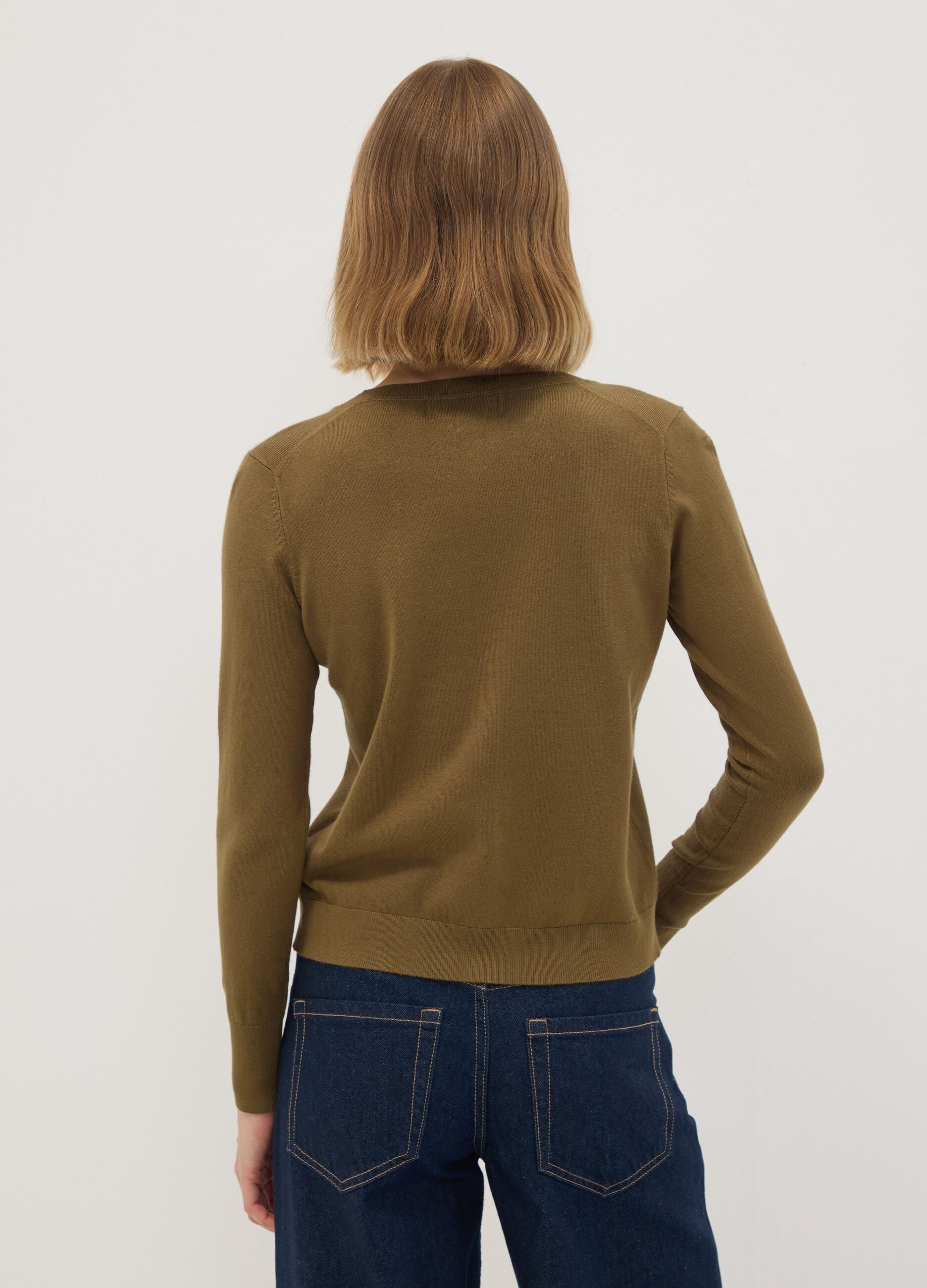 Green viscose-blend crew-neck cardigan, regular fit