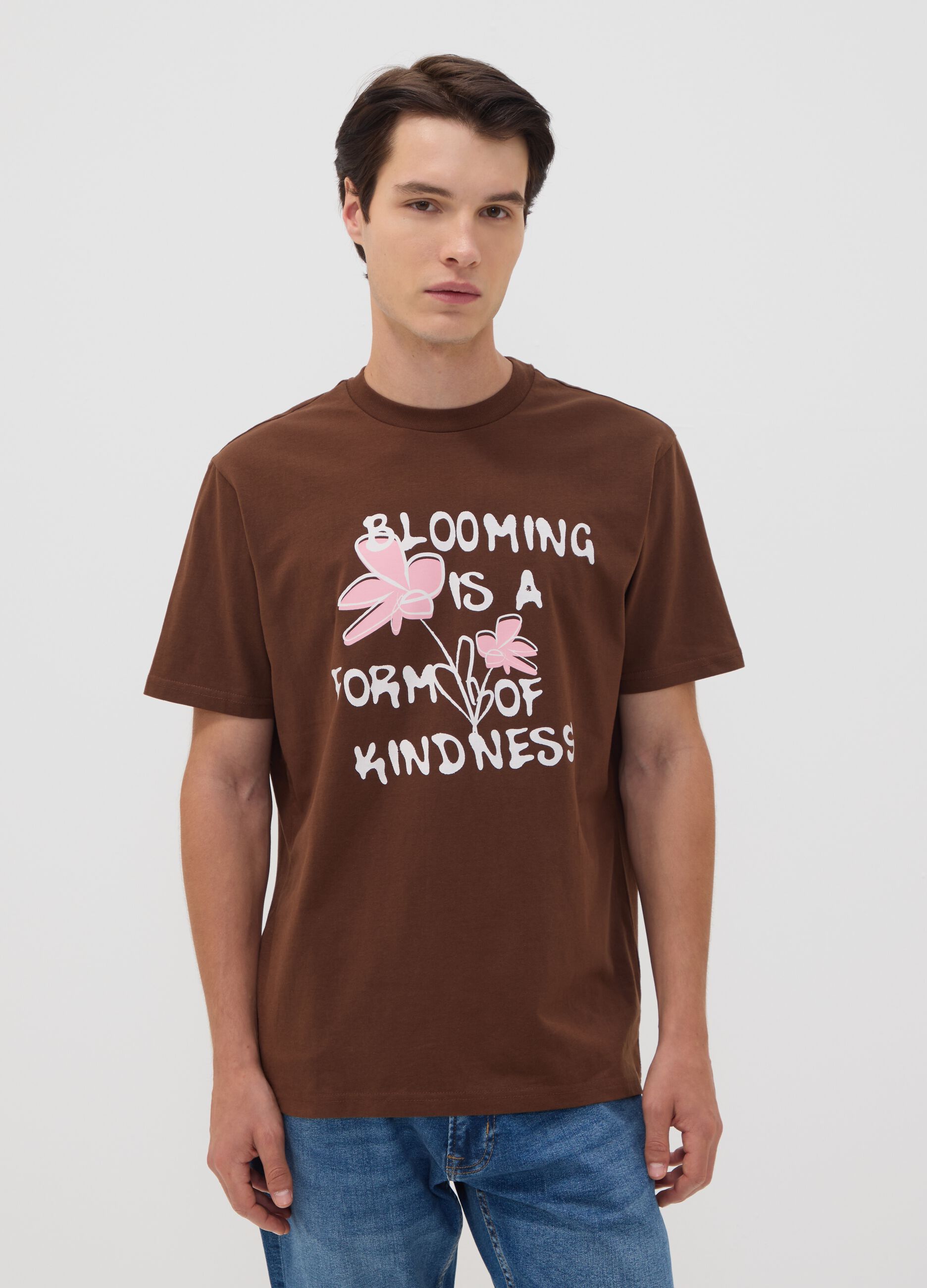 Brown pure cotton jersey slogan T-shirt, regular fit