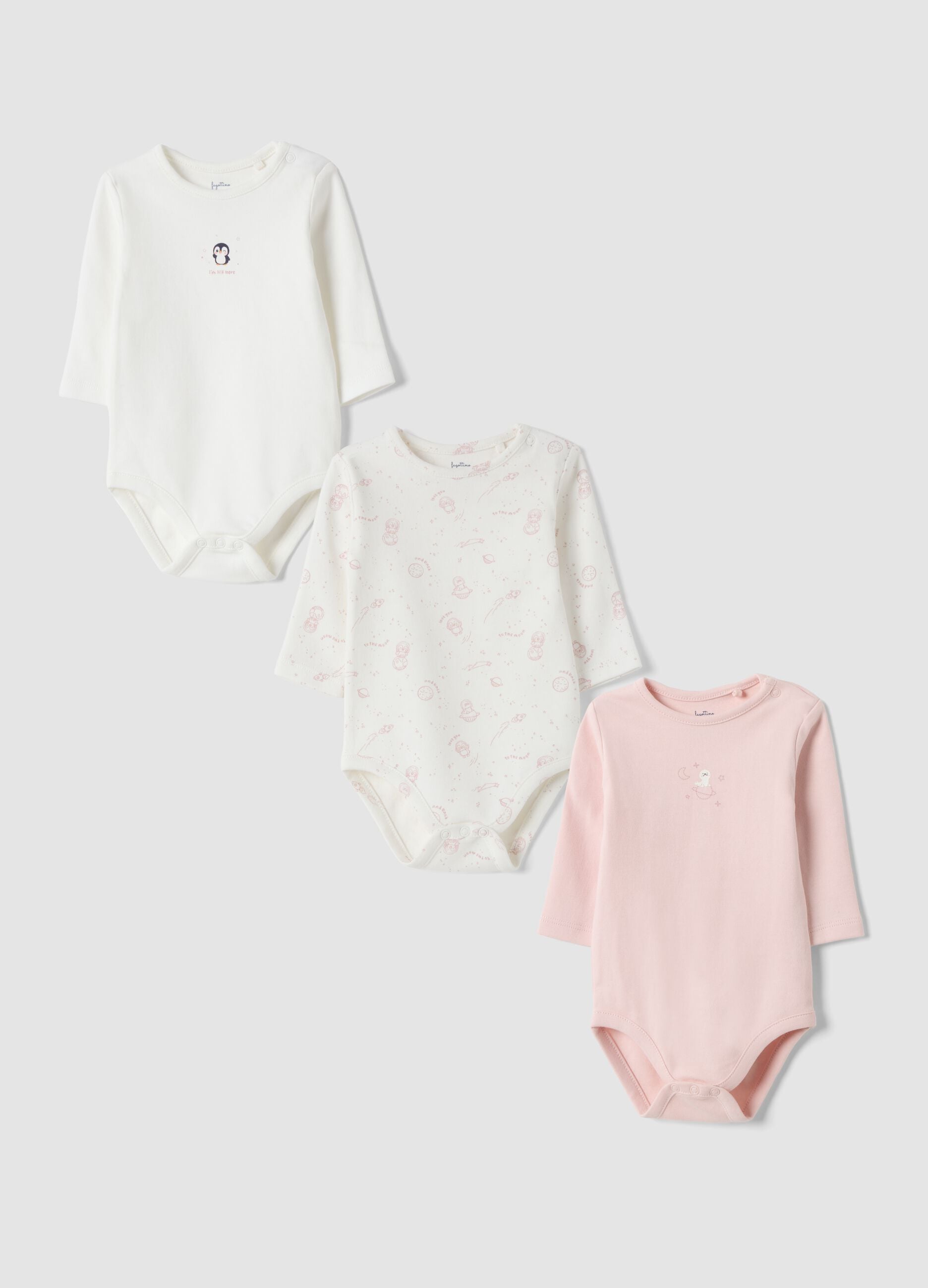 3-pack of pink and white organic cotton crew-neck bodysuits