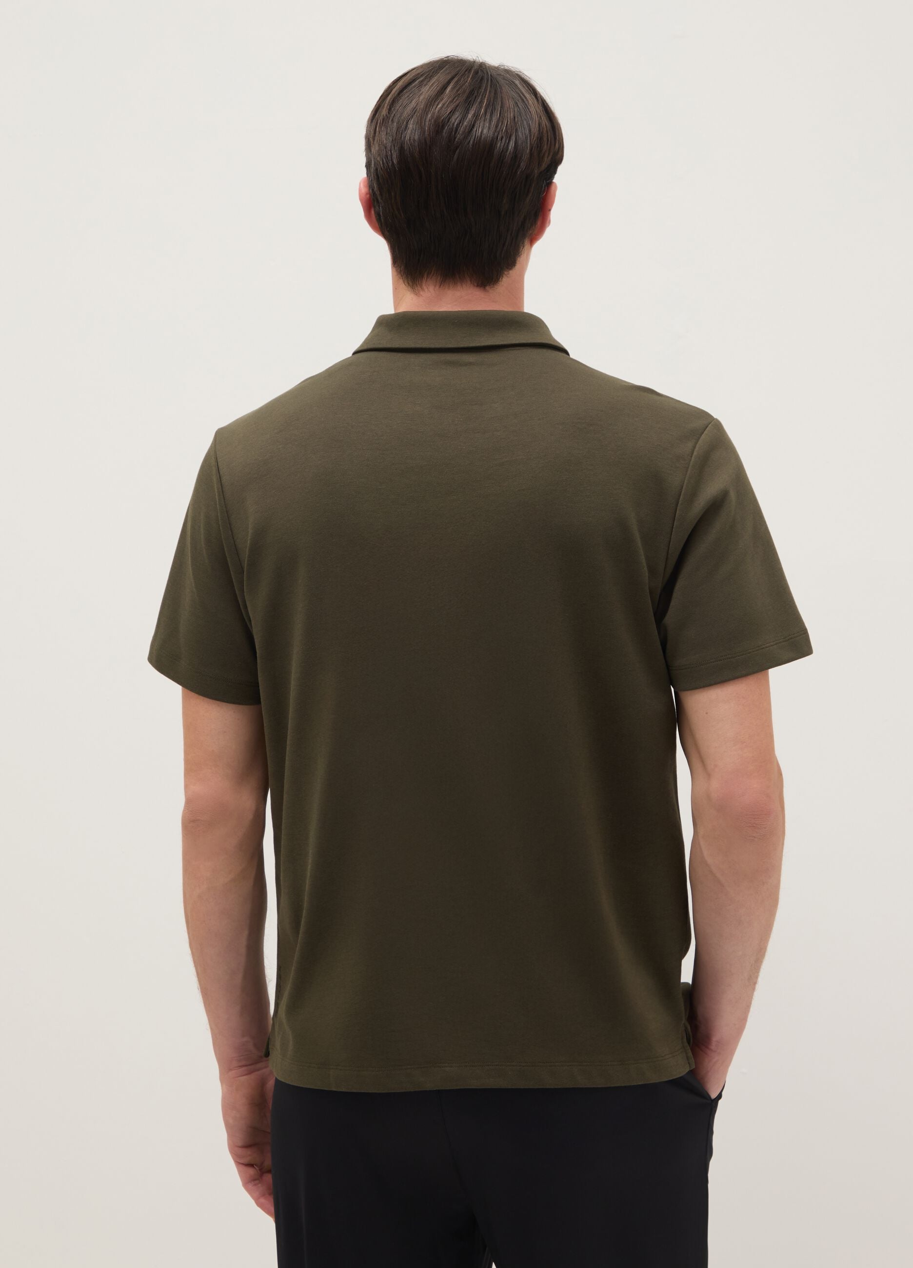 Green short-sleeved cotton blend polo shirt, regular fit