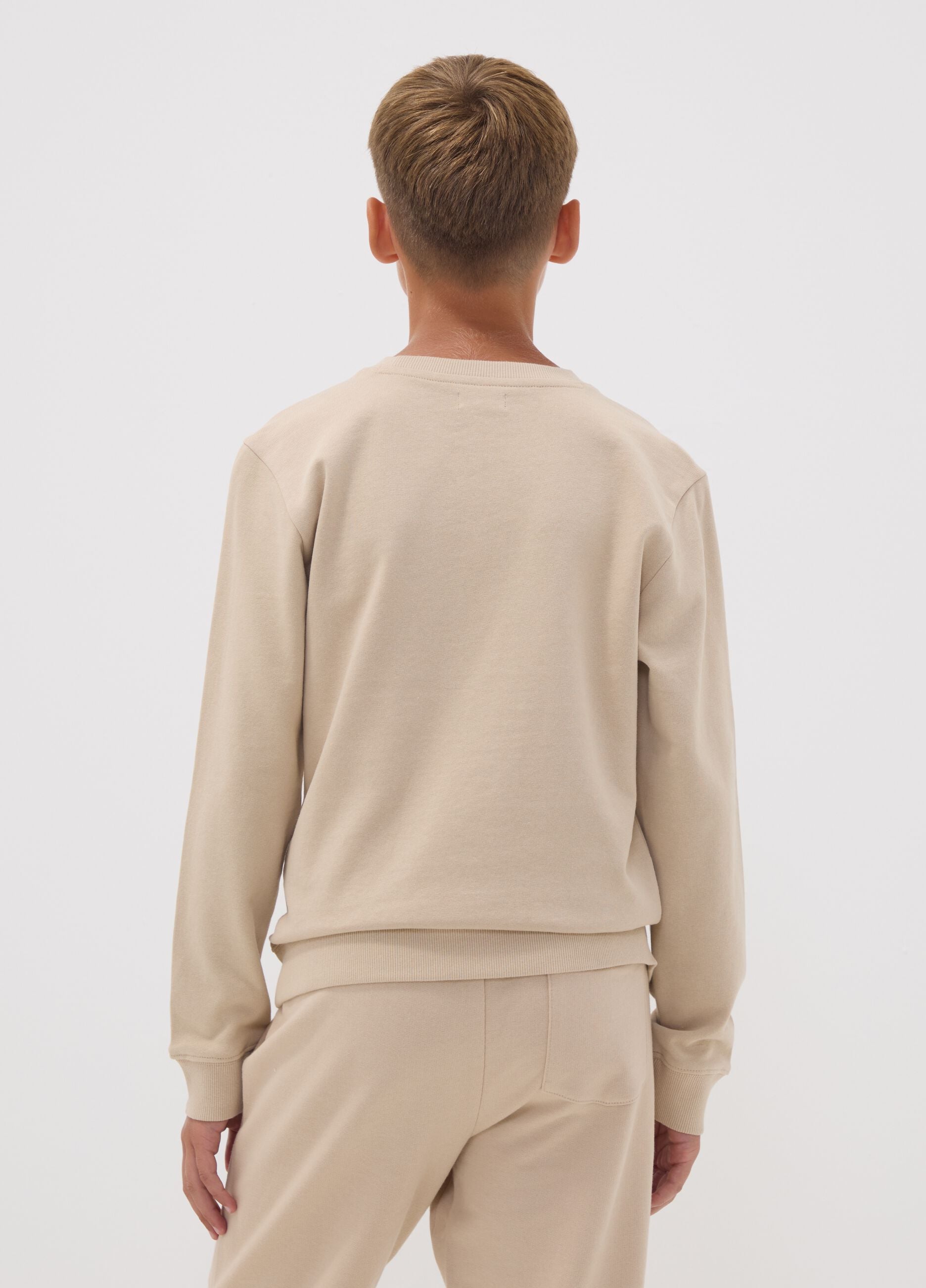 Beige pure organic cotton crew-neck sweatshirt with print for boys