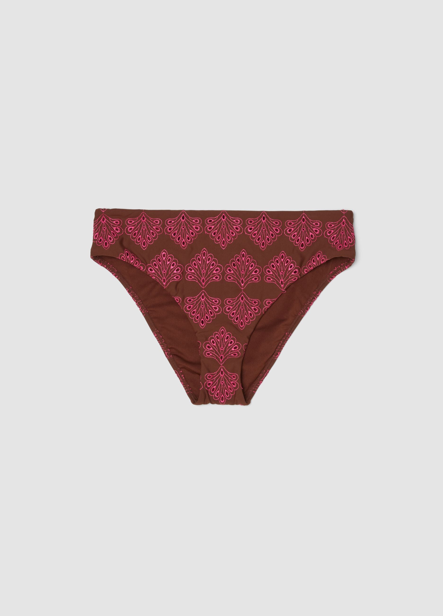 Brown embroidered stretch bikini bottoms