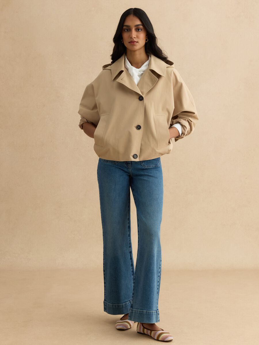 Short beige cotton blend trench coat, regular fit with hood_2
