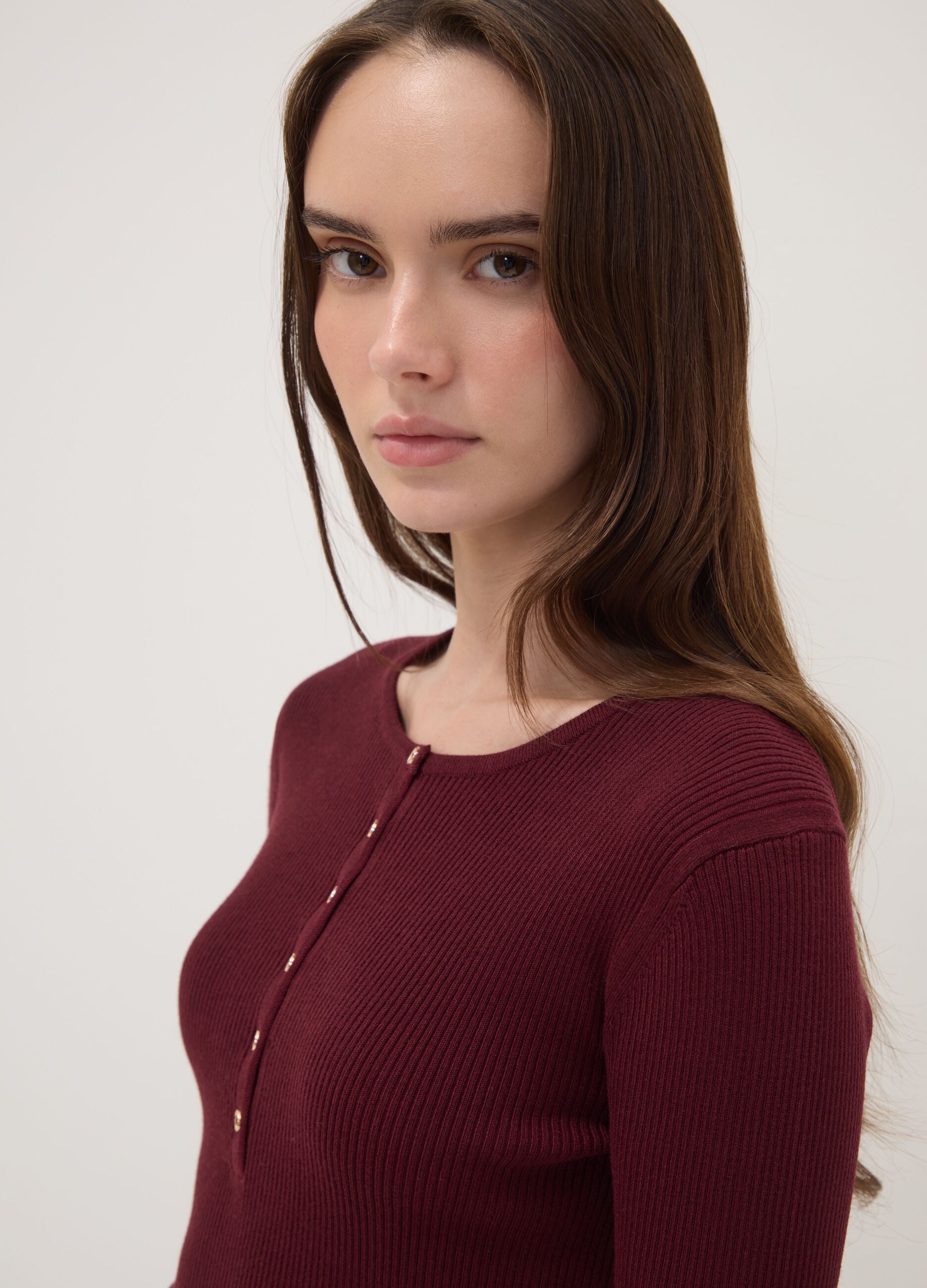 Red fitted ribbed viscose-blend top with buttons