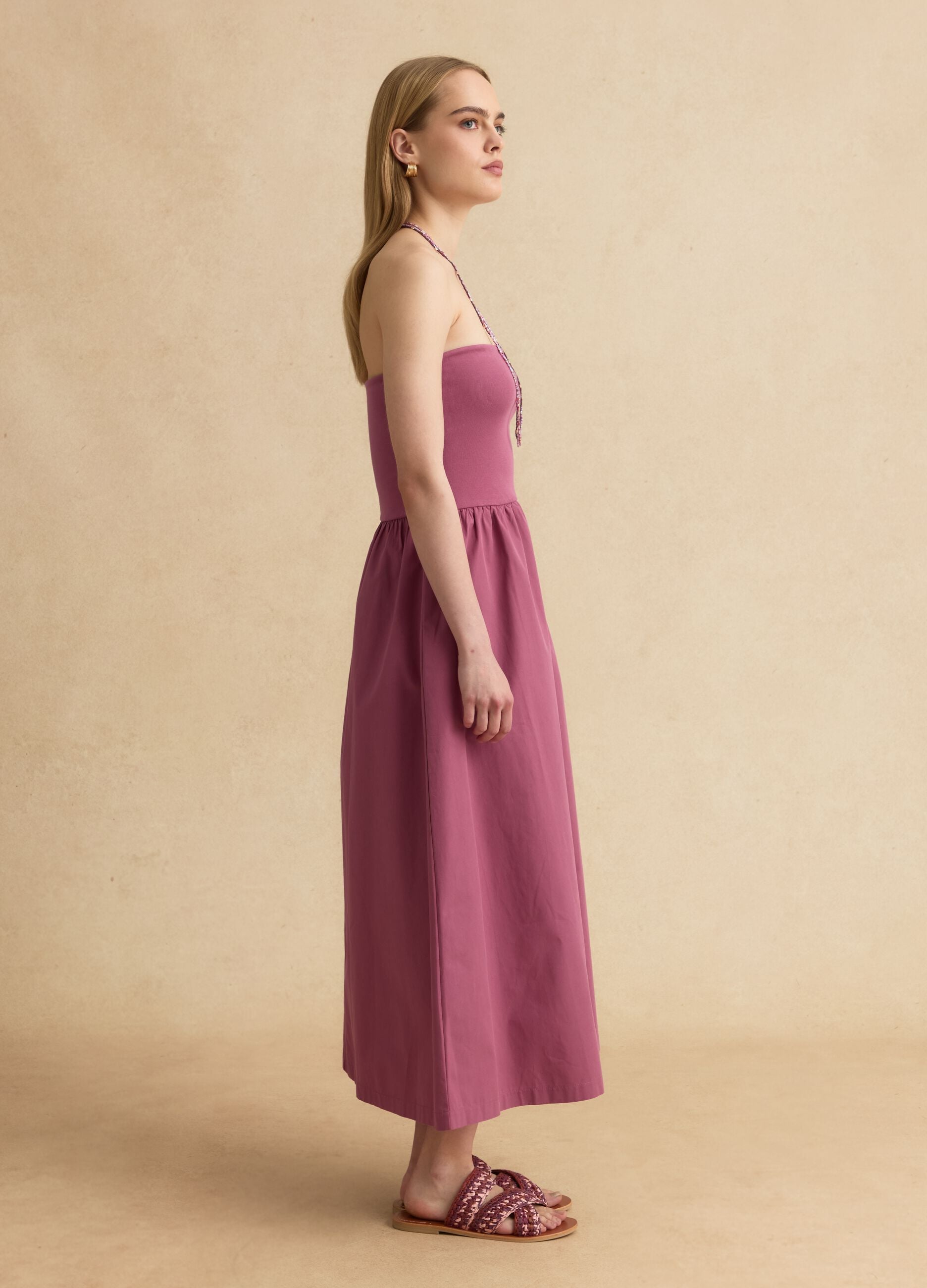 Pink strapless maxi dress in stretch cotton, regular fit