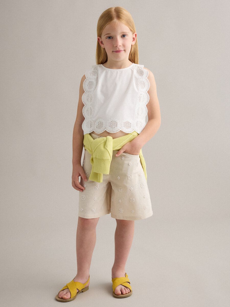 Beige cotton-linen blend shorts with embroidery_0