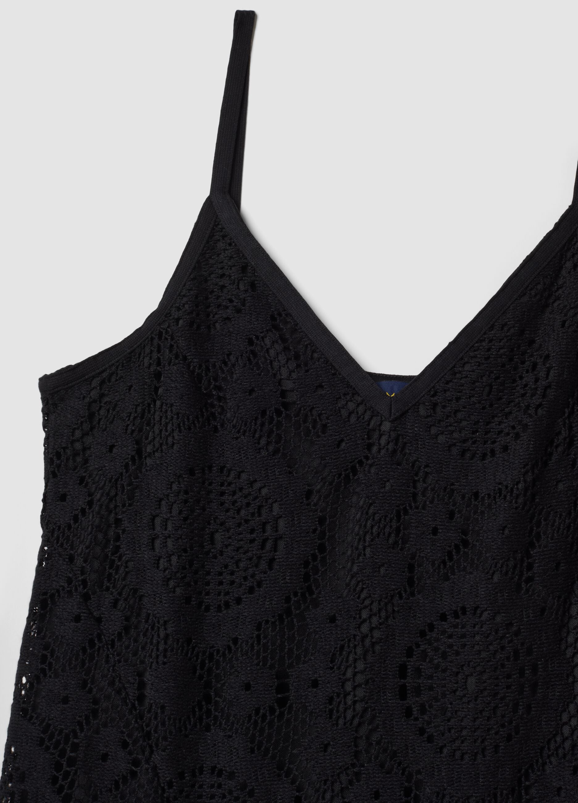 Long black crochet dress with V-neck, regular fit