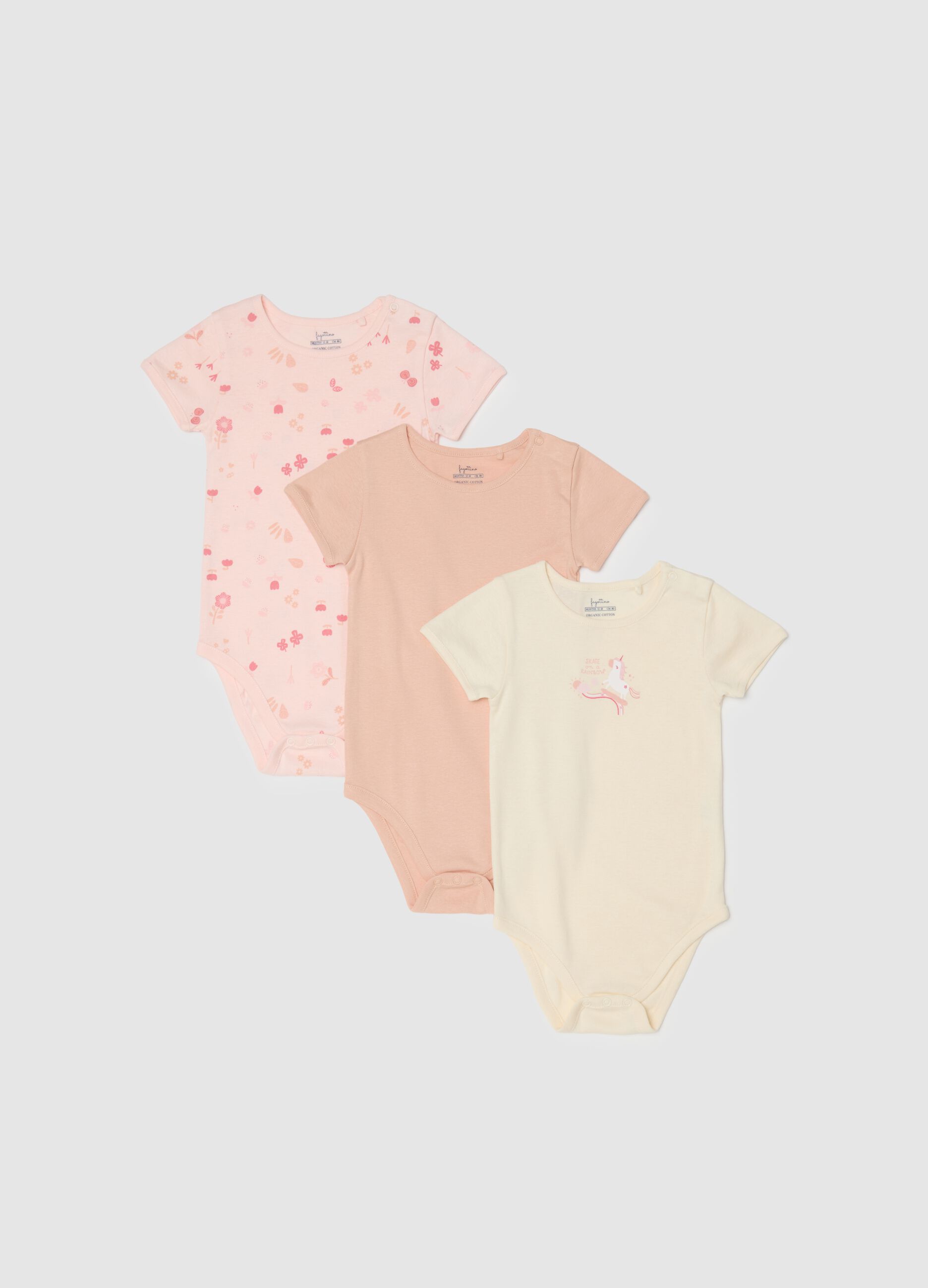 Multicolour short sleeve baby bodysuit tripack in pure cotton
