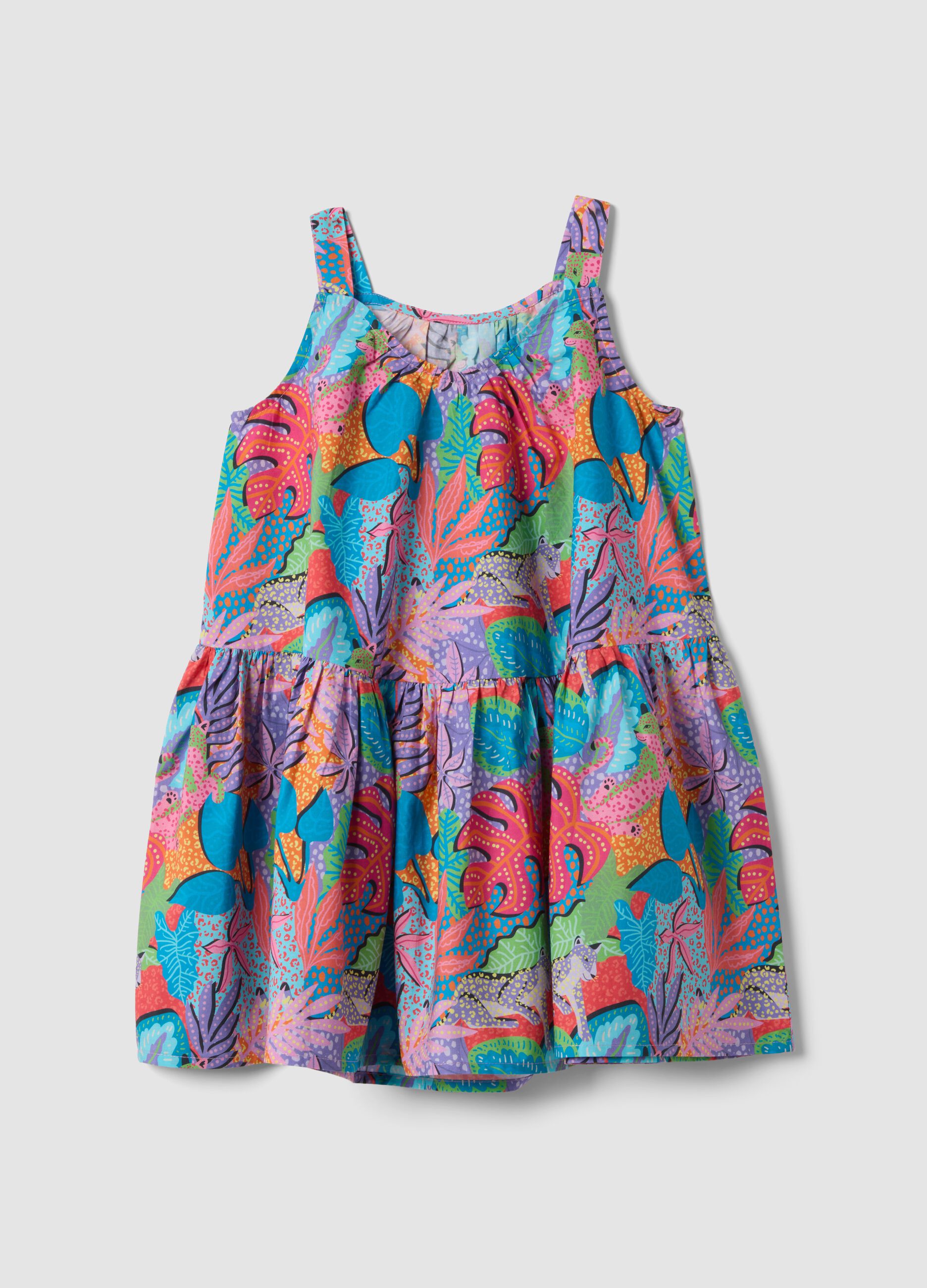 Multicolour pure cotton dress with wide straps