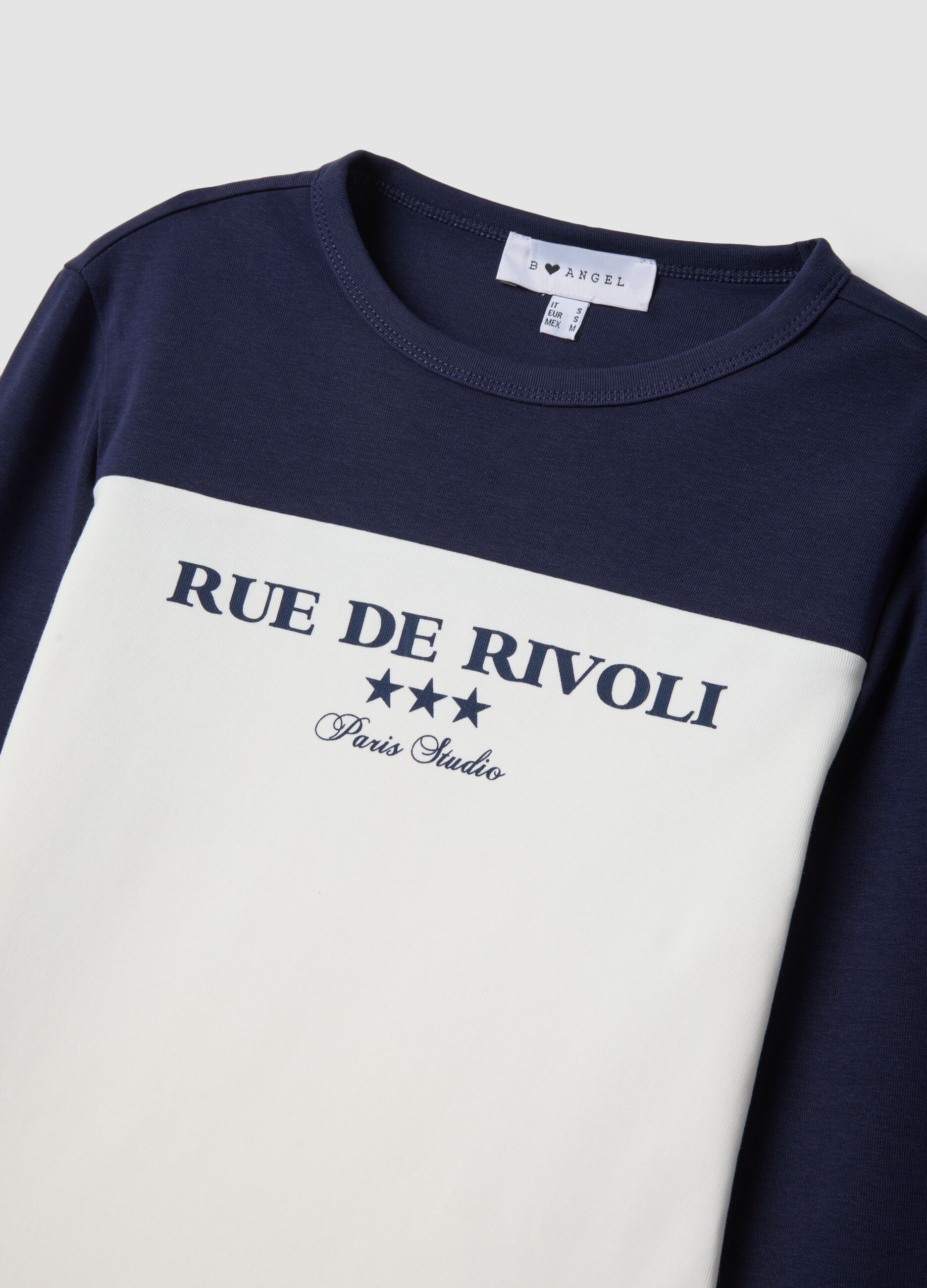 White and blue stretch-cotton T-shirt with front print