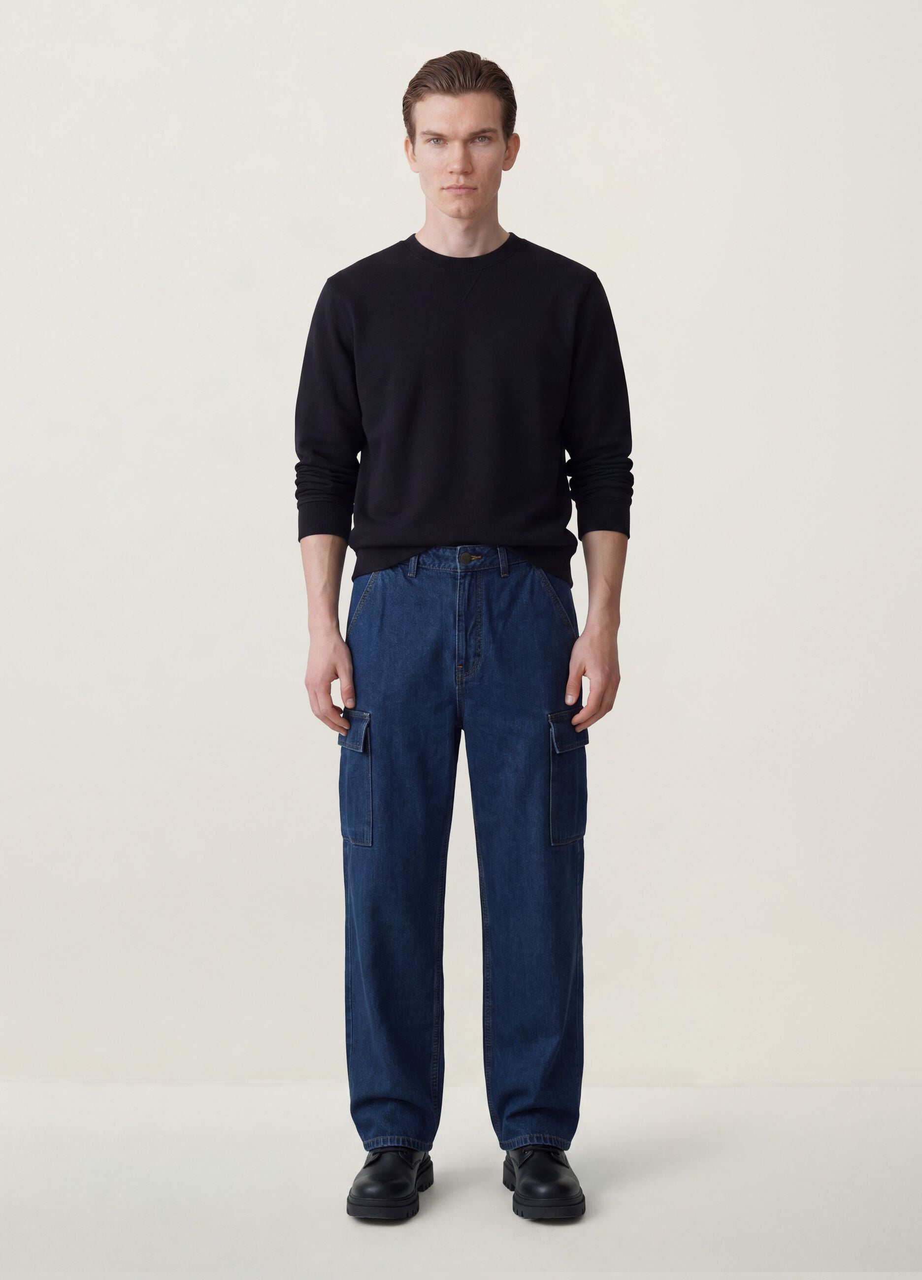 Dark blue pure cotton wide-leg cargo jeans