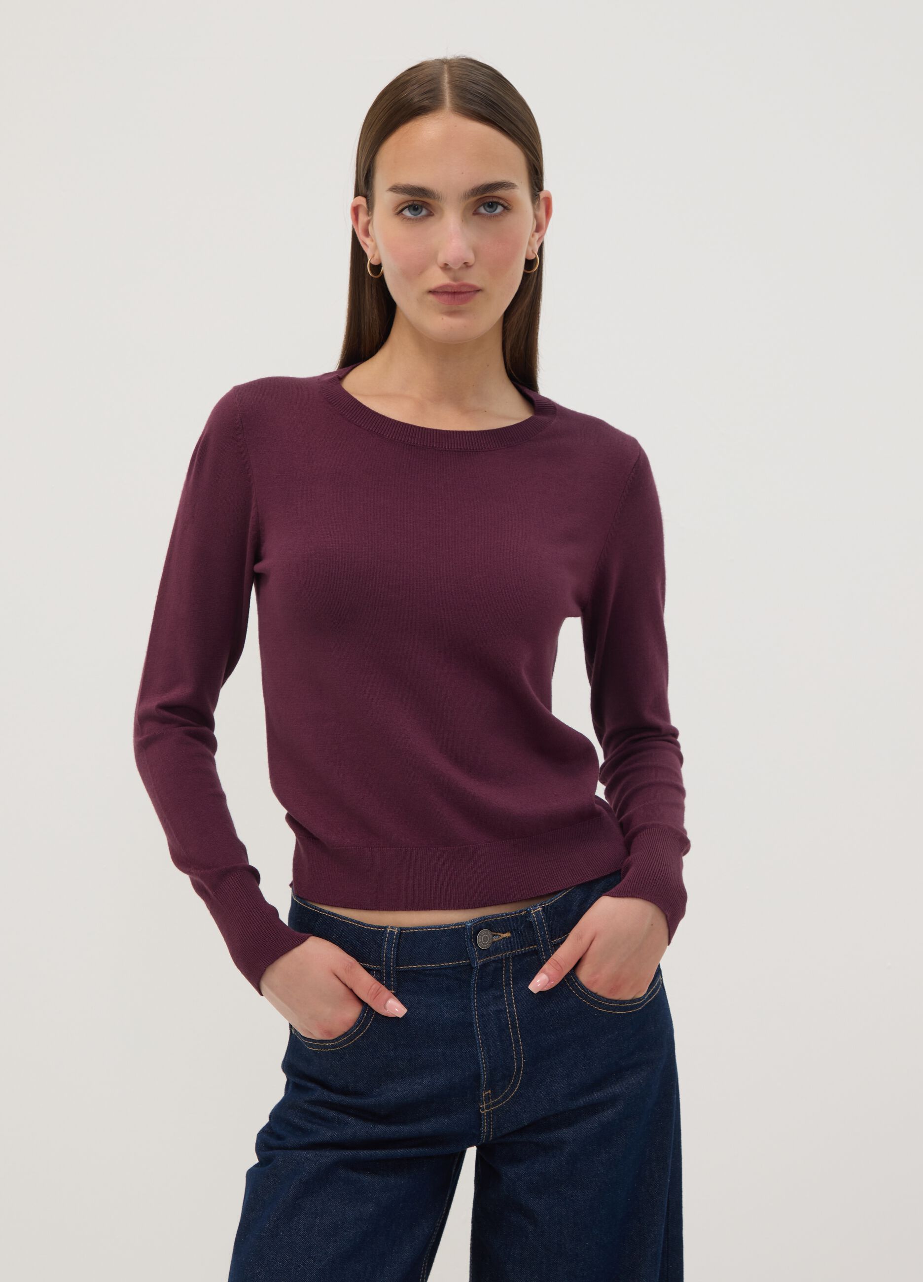 Purple viscose-blend crew-neck top