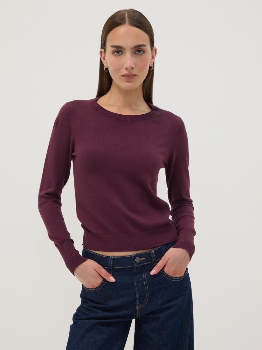 Purple viscose-blend crew-neck top_0
