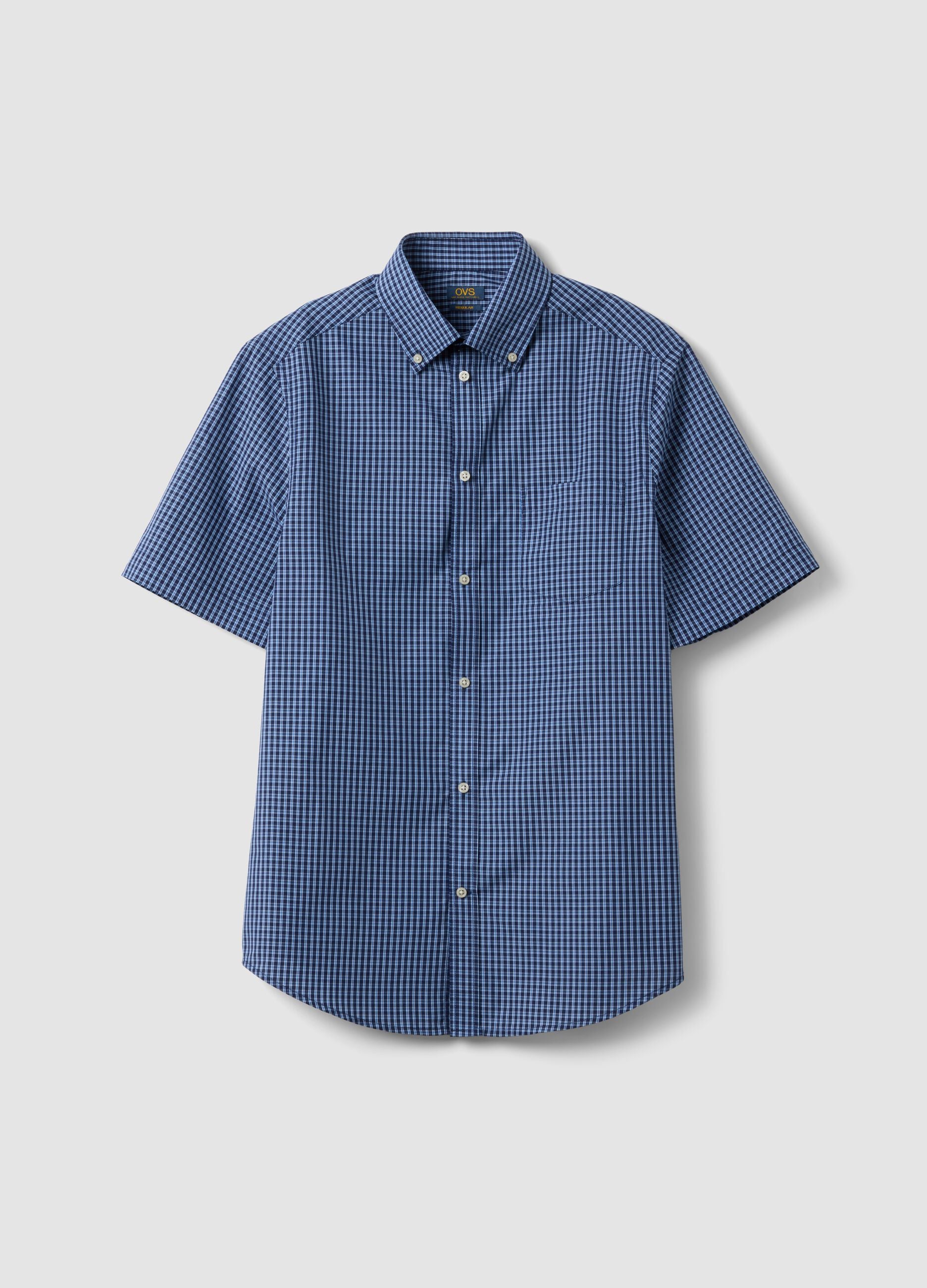 Blue short-sleeved regular-fit checked shirt, easy iron