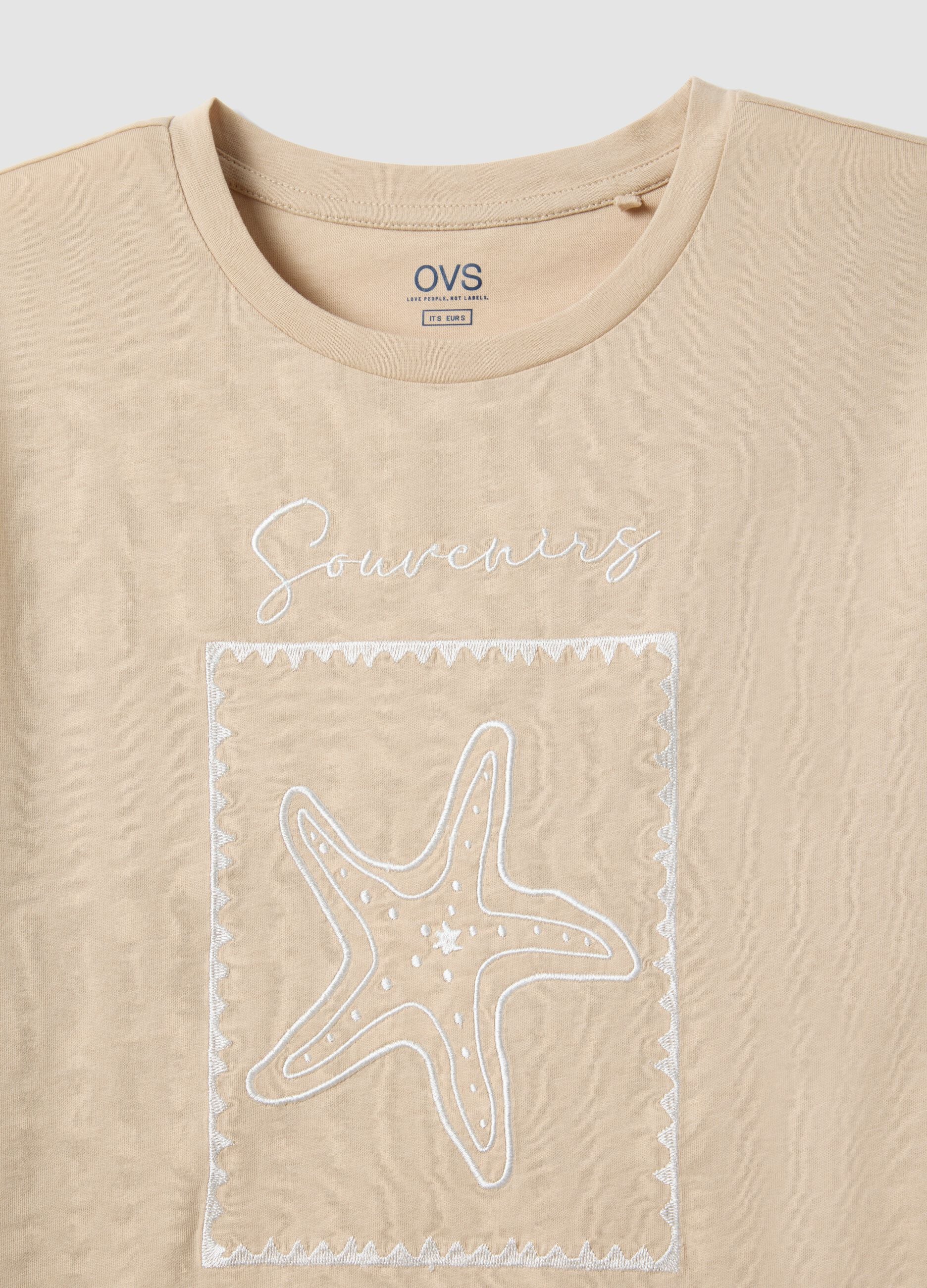 Beige pure cotton regular fit t-shirt with embroidery
