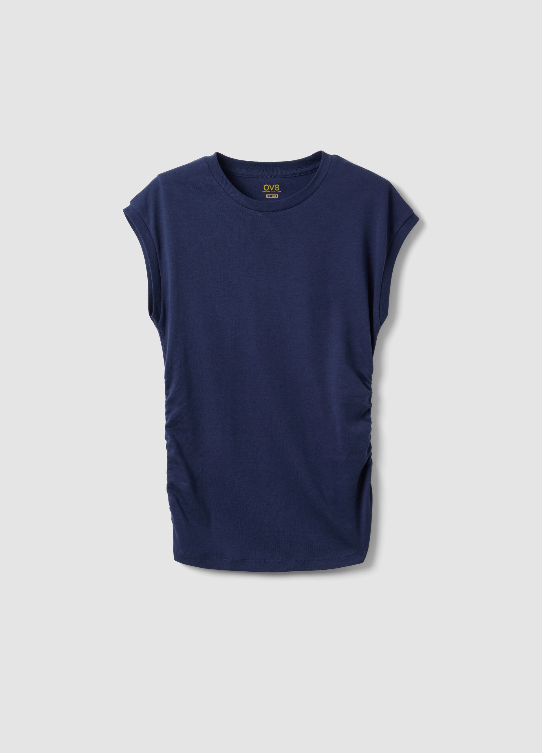 Blue pure cotton tank top with side ruching, regular fit