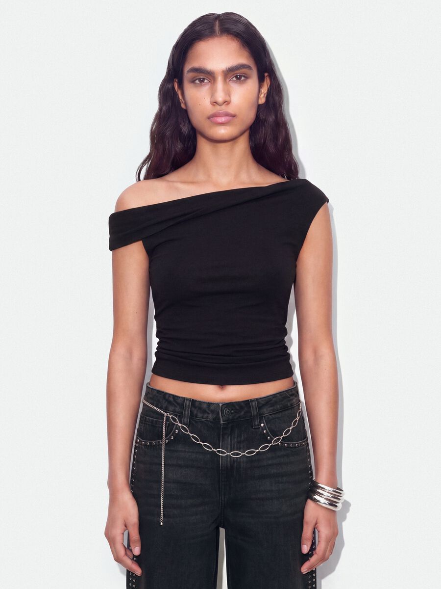 Top nero asimmetrico monospalla in viscosa elasticizzata slim fit_0