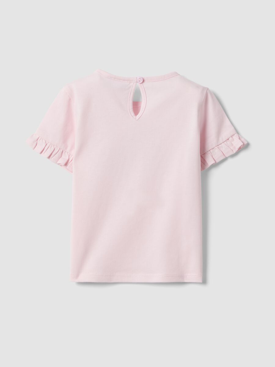 T-shirt rosa in puro cotone organico da bimba con stampa e volant_1