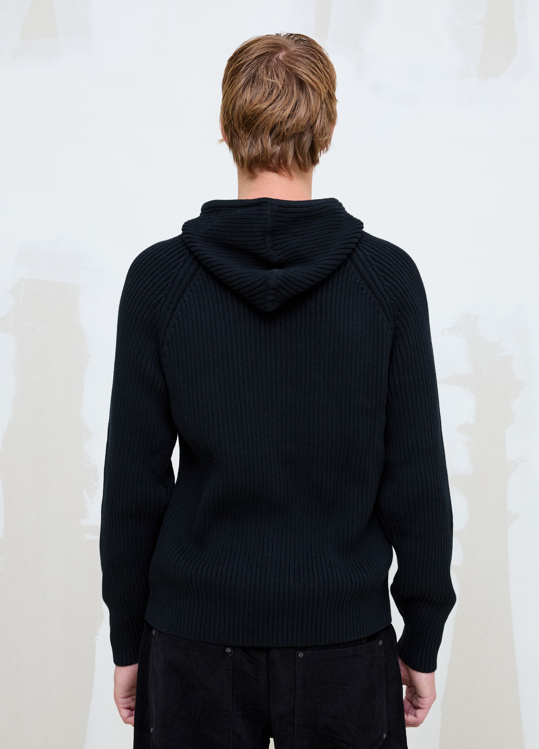 Black Ribbed Knit Hoodie