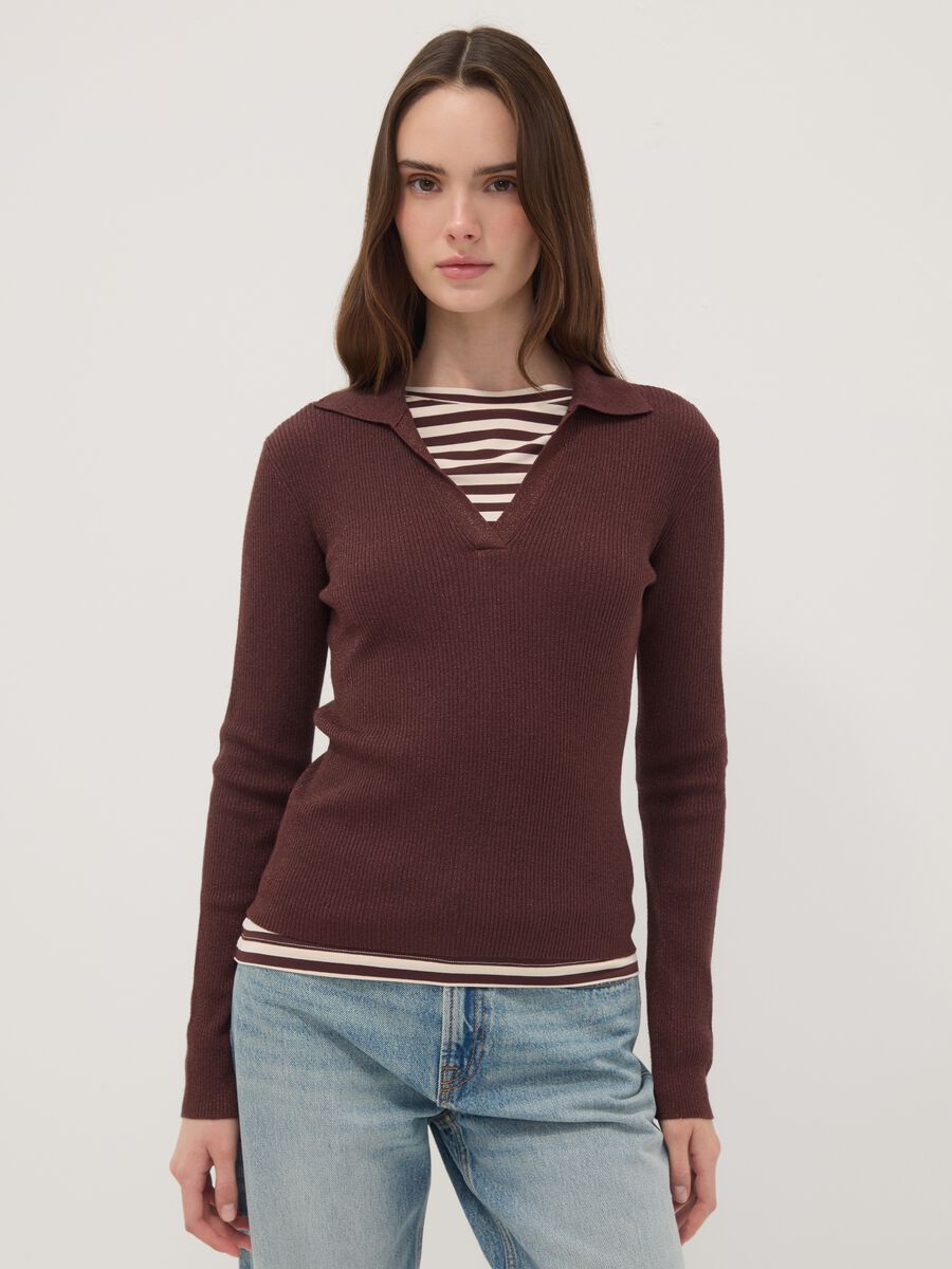 Brown ribbed viscose-blend polo-collar top_1