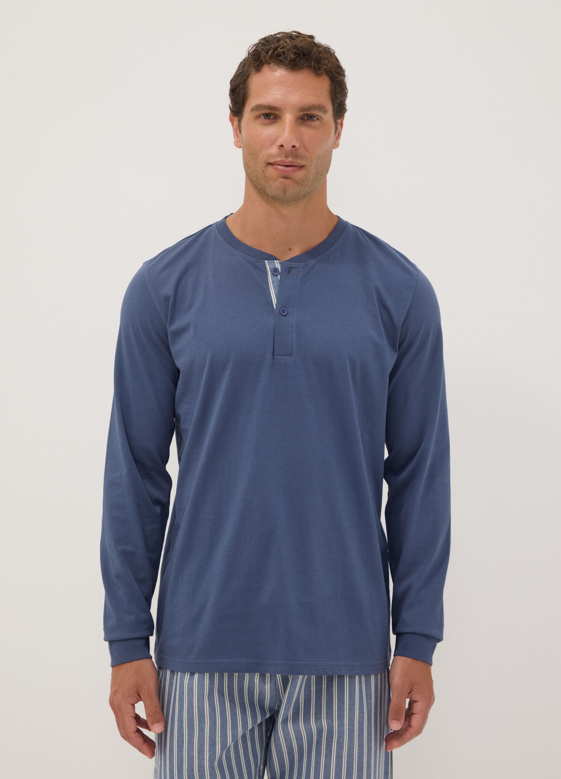 Blue pure organic cotton pyjamas with grandad collar, regular fit