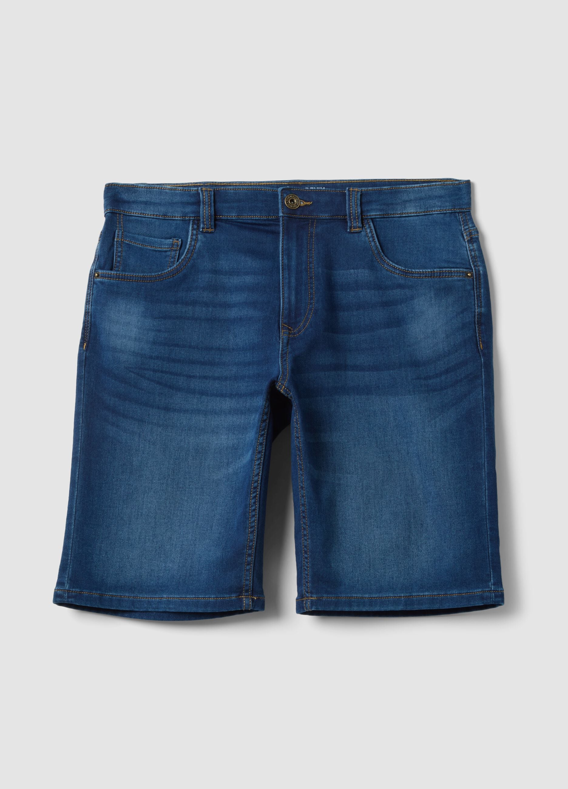 Blue Stretch Cotton Blend Denim Slim Fit Shorts