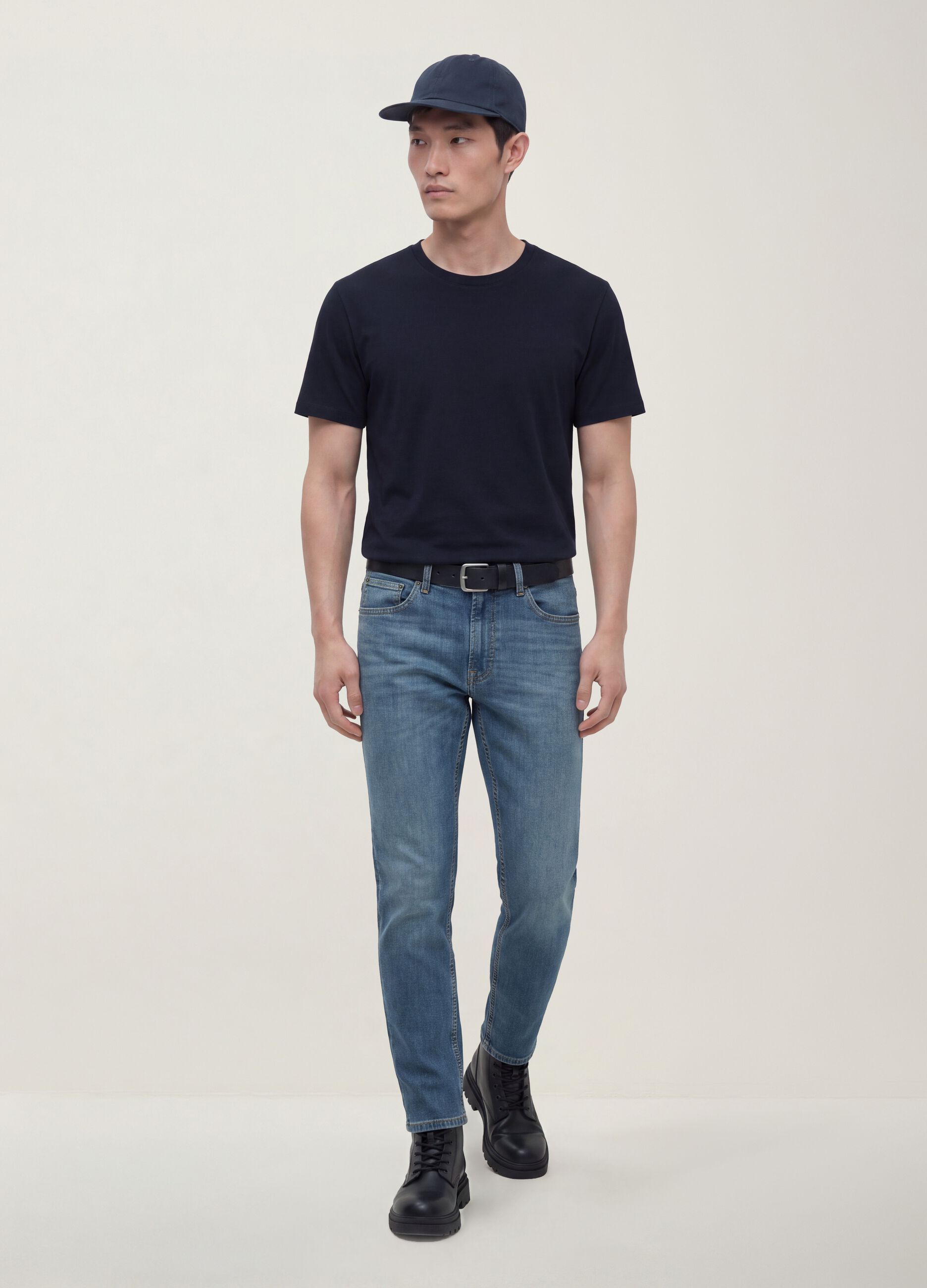 Black mercerised pure cotton regular-fit crew-neck T-shirt