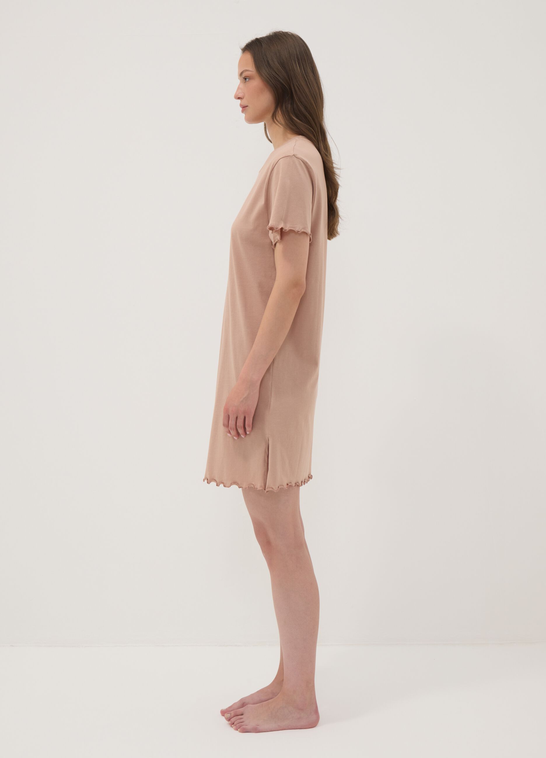 Beige pure organic cotton nightdress with frilled hems