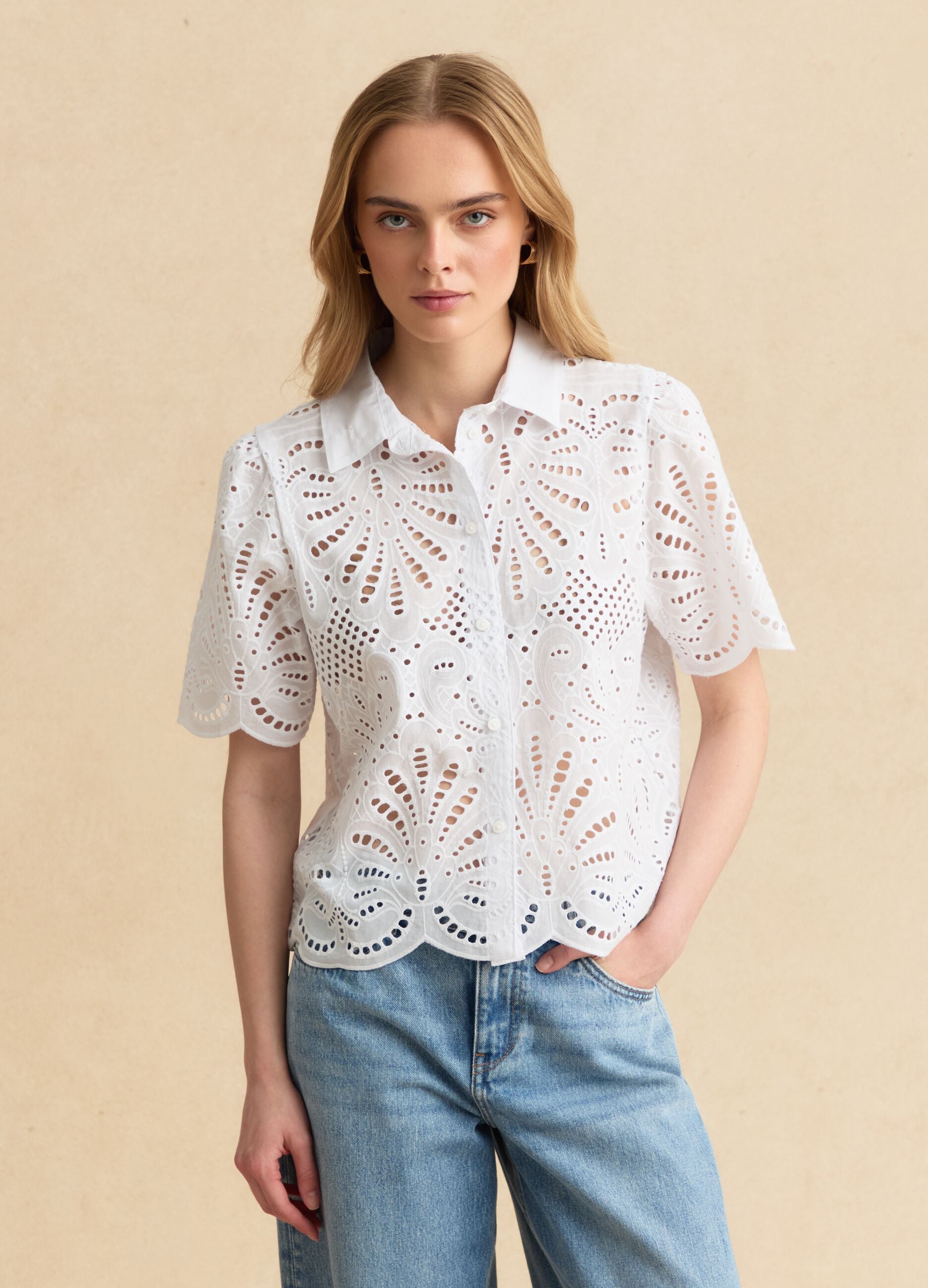 White pure cotton broderie anglaise shirt