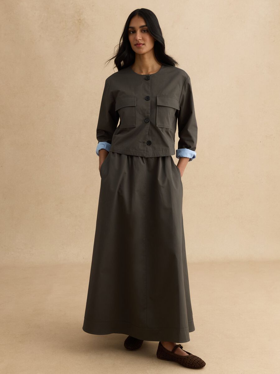 Grey long pure cotton skirt with elastic waistband_0