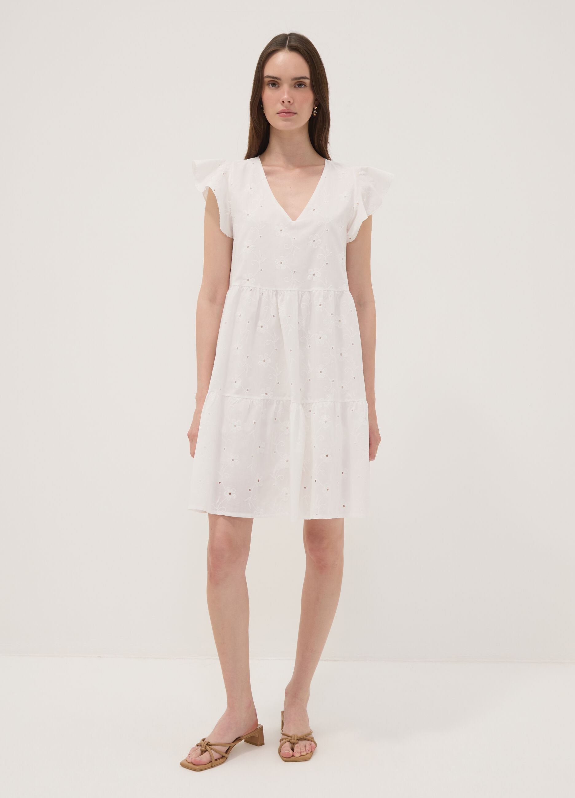 White pure cotton dress with broderie floral embroidery and V-neck