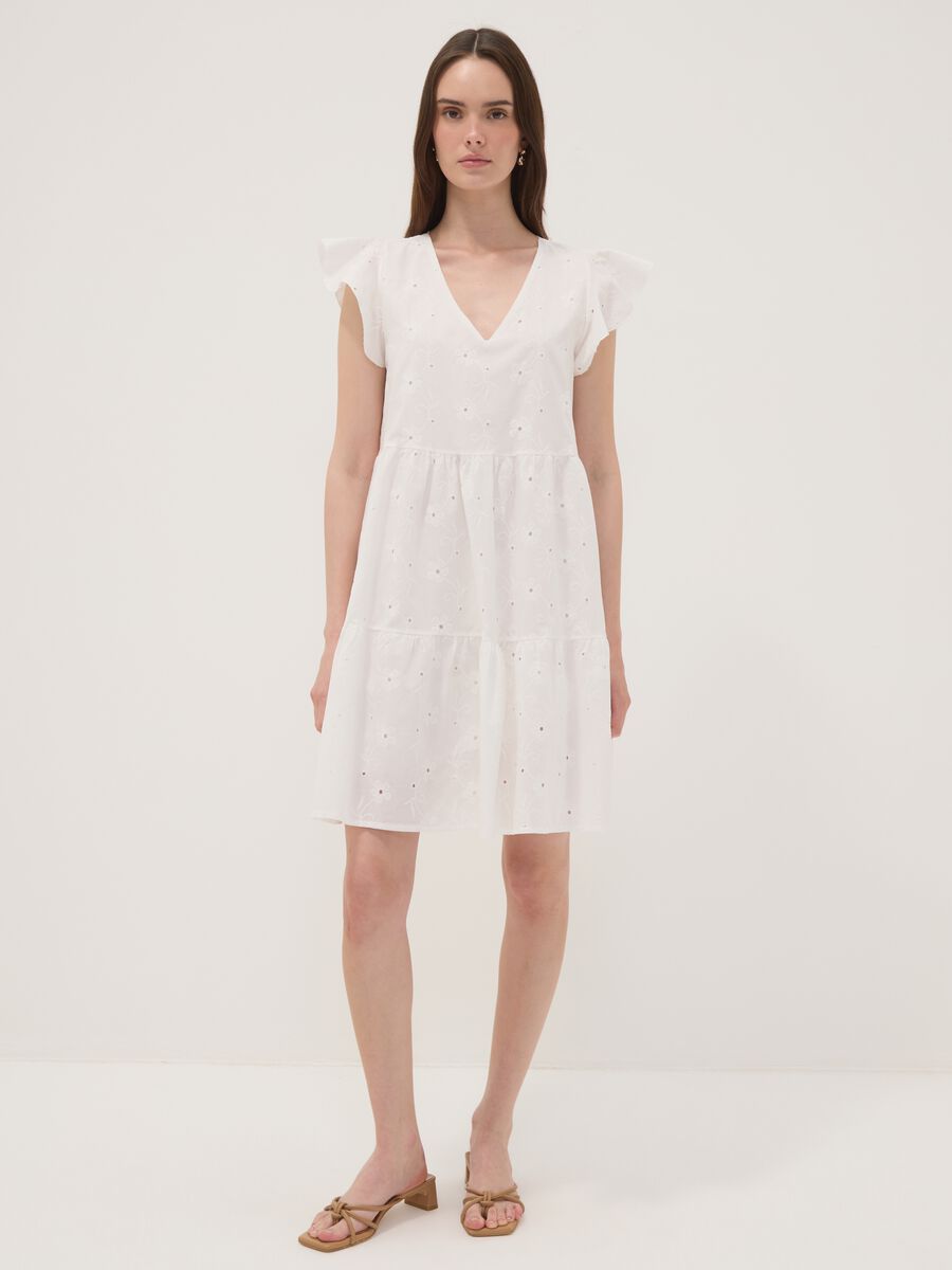White pure cotton dress with broderie floral embroidery and V-neck_0