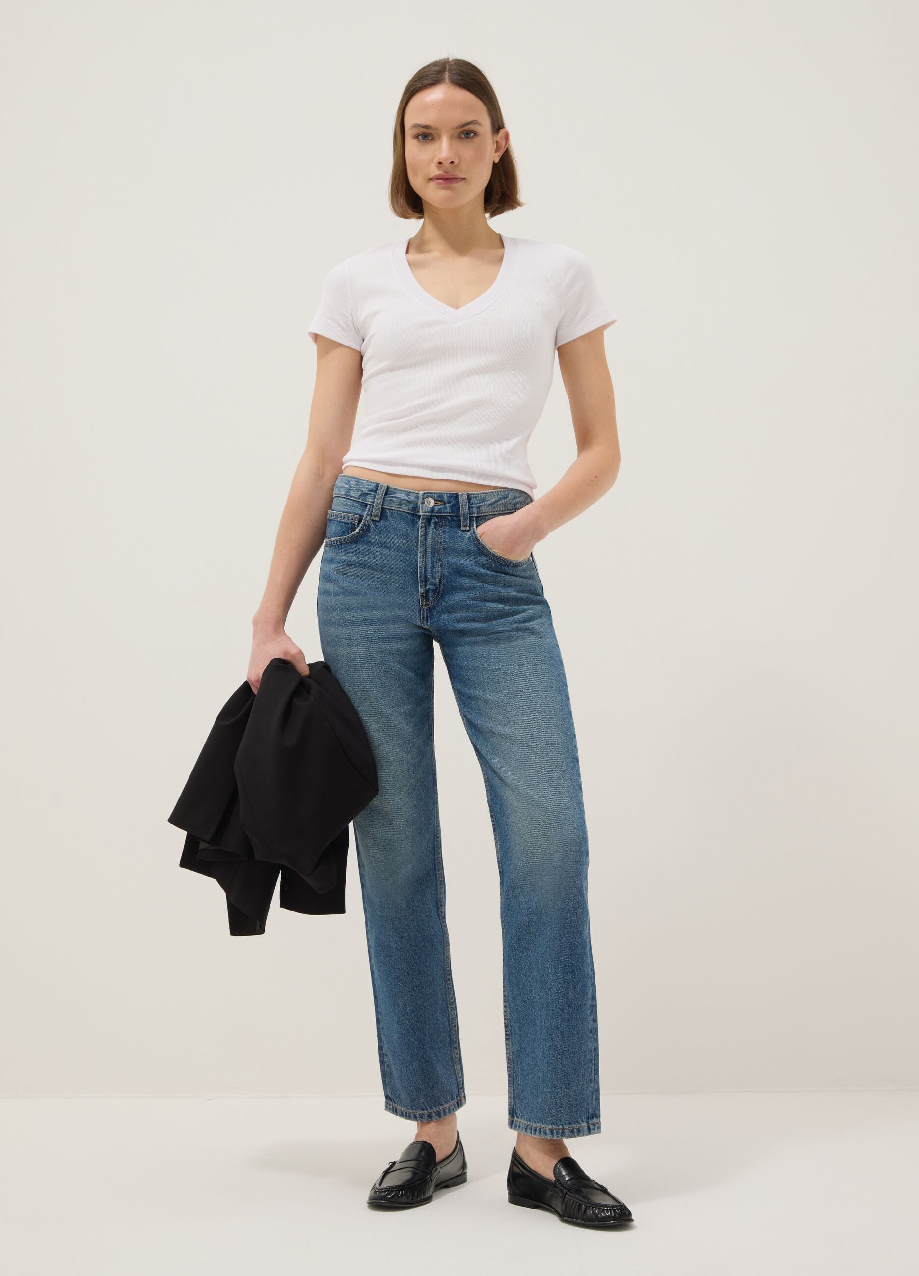 White regular fit deep V stretch cotton T-shirt
