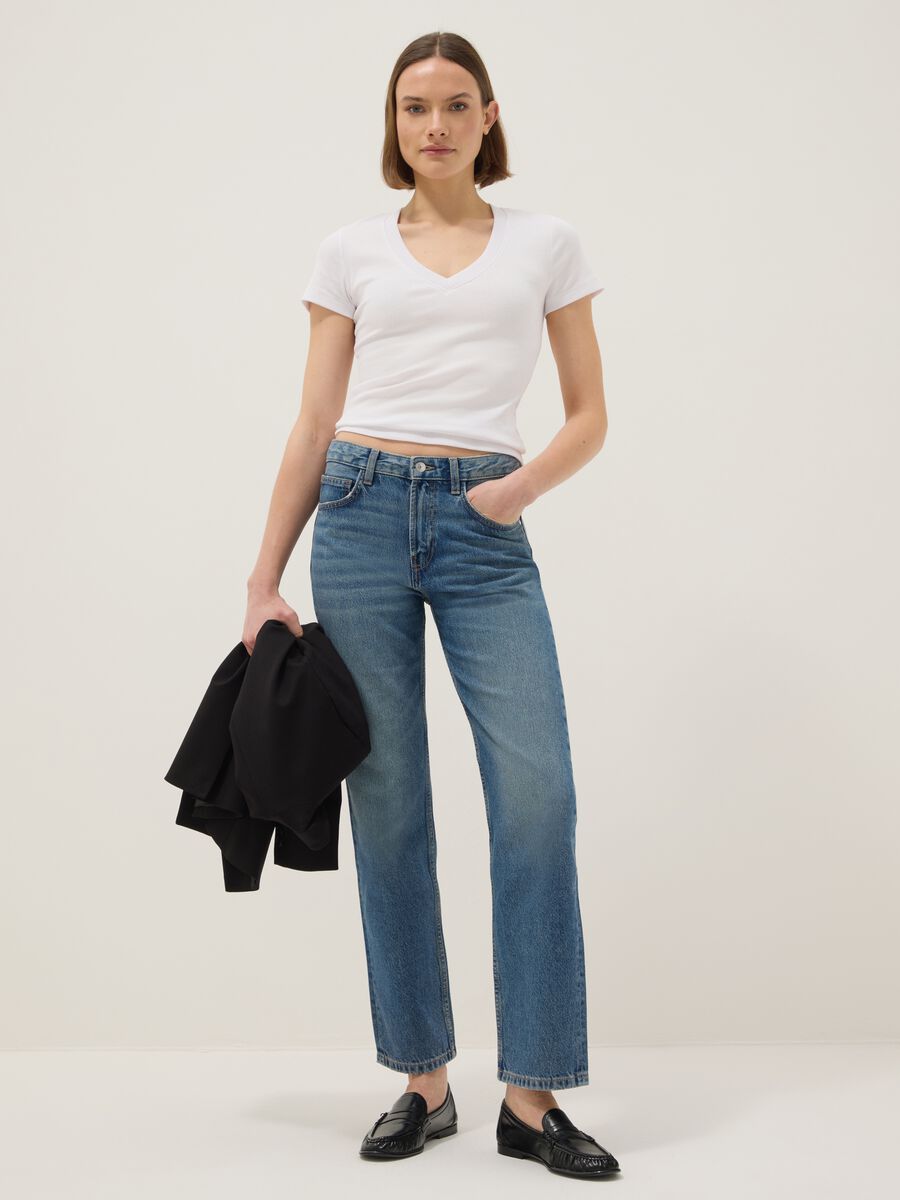 White regular fit deep V stretch cotton T-shirt_1