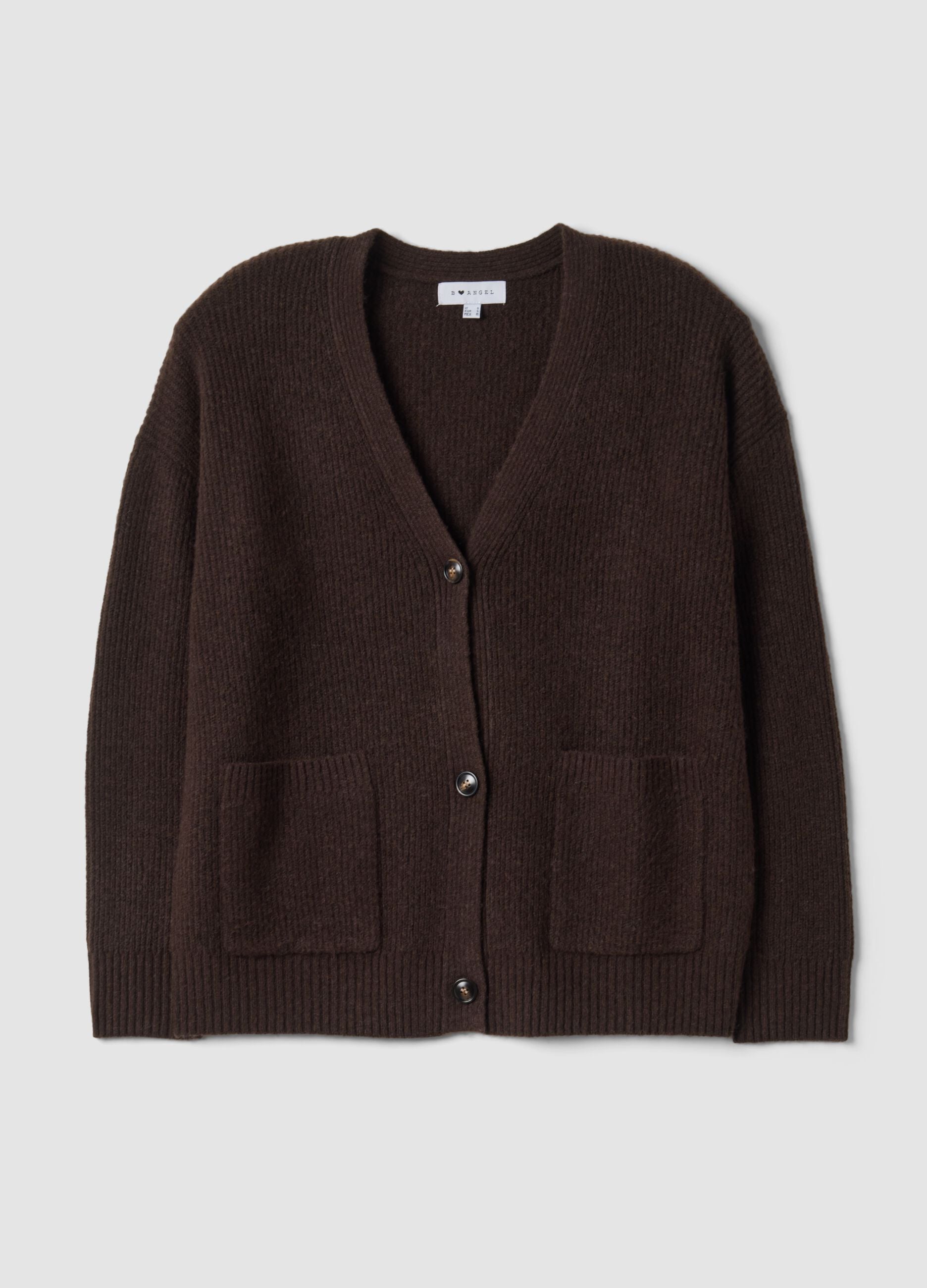 Brown stretch-fabric cardigan with deep V-neck